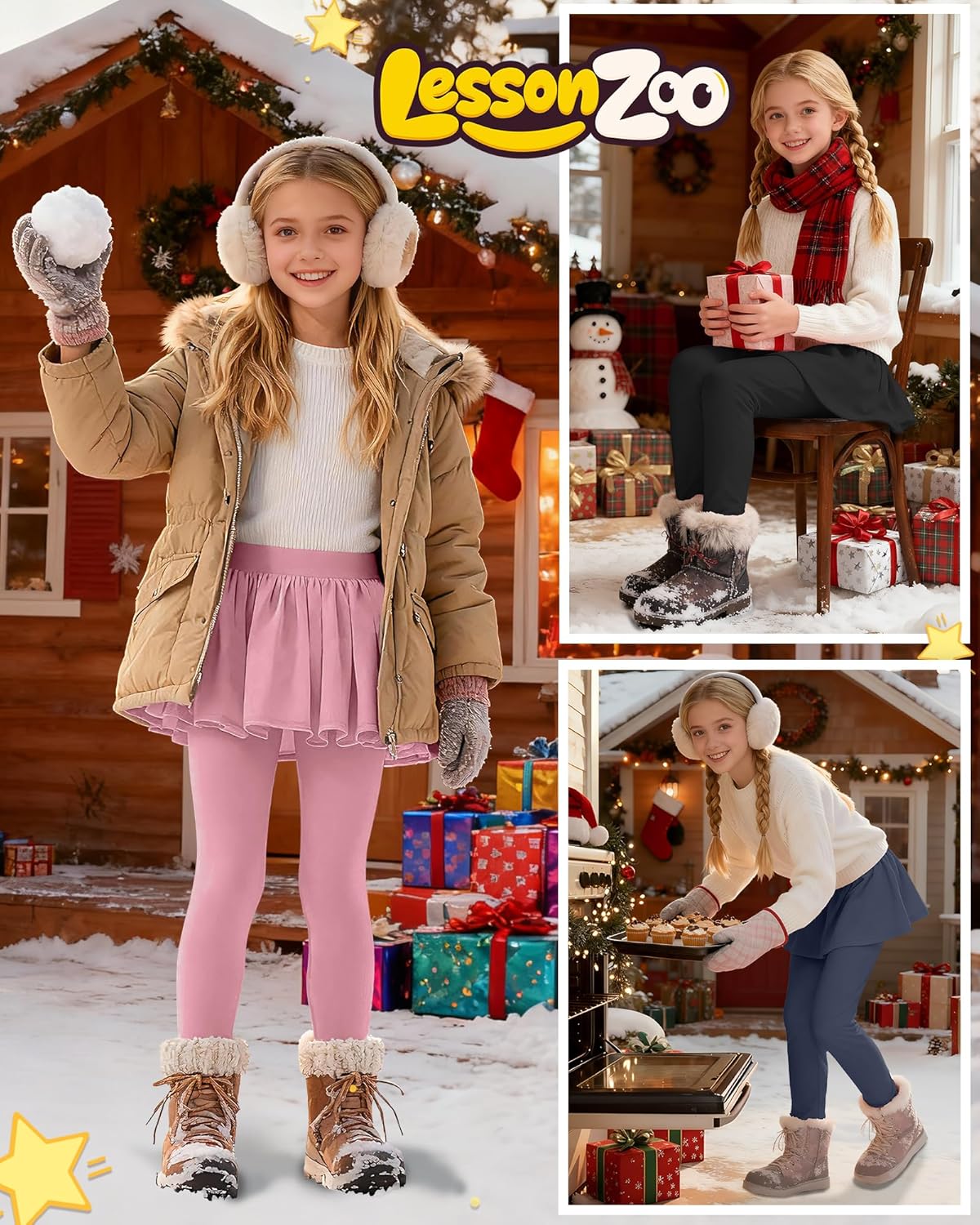 3 Pack Girls Fleece School Uniform Pants Leggings with Ruffle Skirt Kids Thermal Footless Stretch Pants 5-14 Years