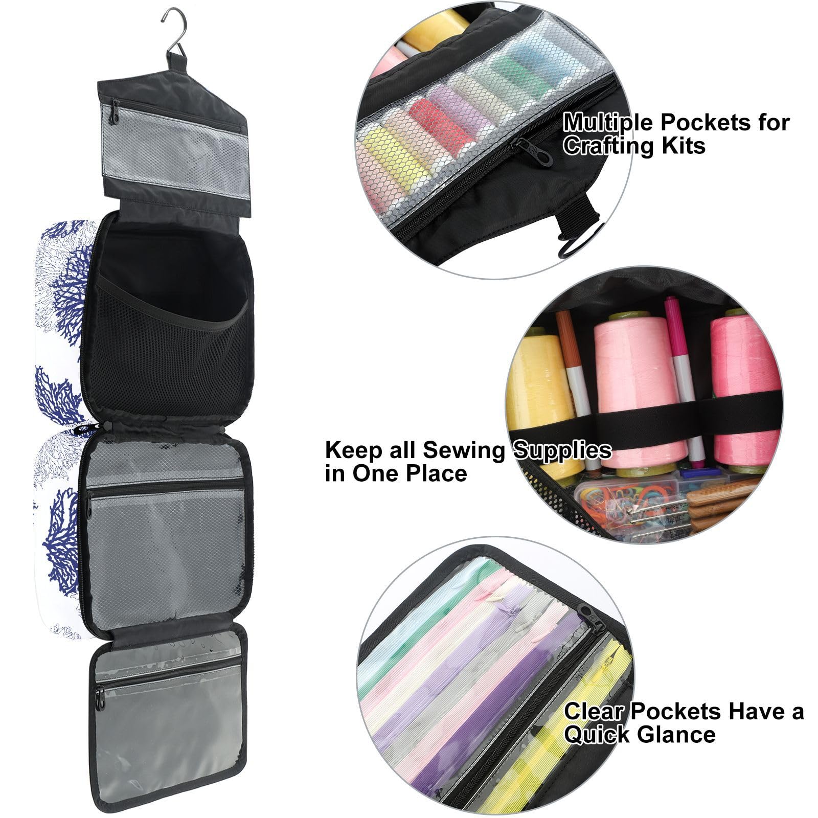 YNNALE Sewing Supply Organizer Bag, Coral Patterned Navy Blue Gray White Portable Sewing Bags with Pockets&Hanger, Sewing Storage Box Case for Sew Supplies/Kit/Tools/Accessories (BAG ONLY)