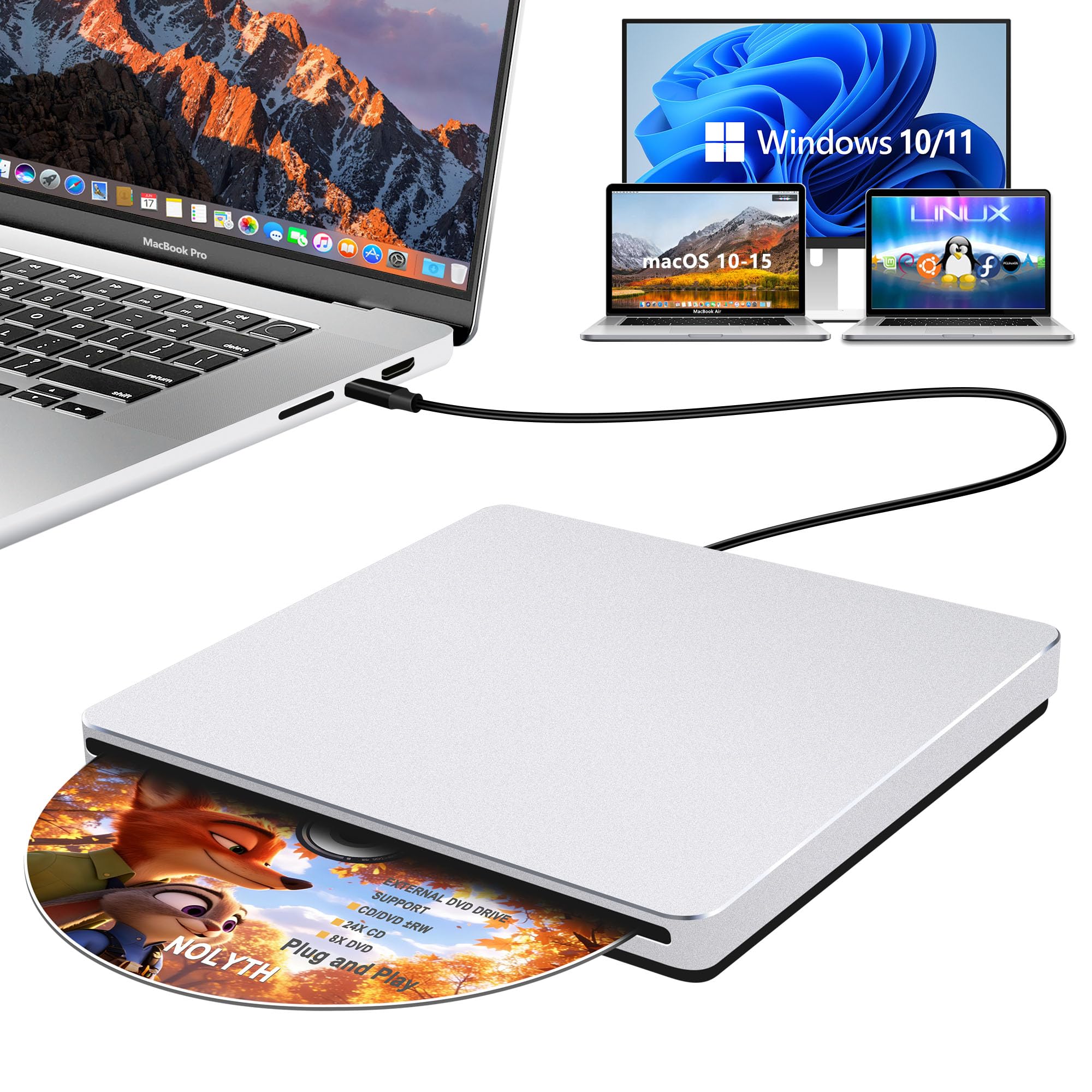 Unidad externa de CD y DVD para laptop: lector portátil USB C de CD/DVD para Mac PC Windows 11 con adaptador USB 3.0 de aleación de aluminio, ranura SuperDrive para Apple