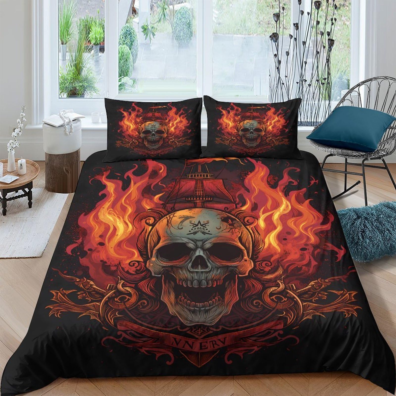 GPLZQXKJNH 3D Printed Fire Skull Duvet Cover Microfiber Black Flame Bedding Set with 2 Pillowcases for Bedroom Decor Single（135x200cm）
