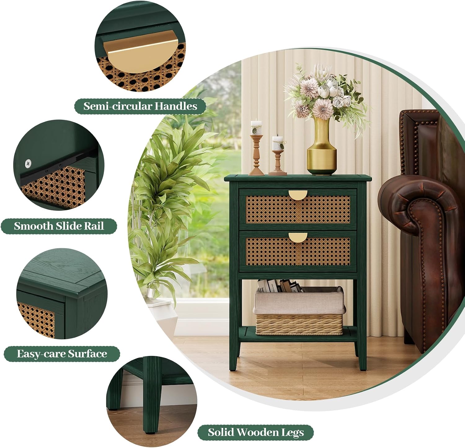 Green Rattan Nightstand with 2 Drawers & 1 Open Storage Shelf, Boho Bedside Table with Golden Semi-Circular Handles & Solid Wood Legs, Narrow Wood Side Table for Bedroom, 2 PC