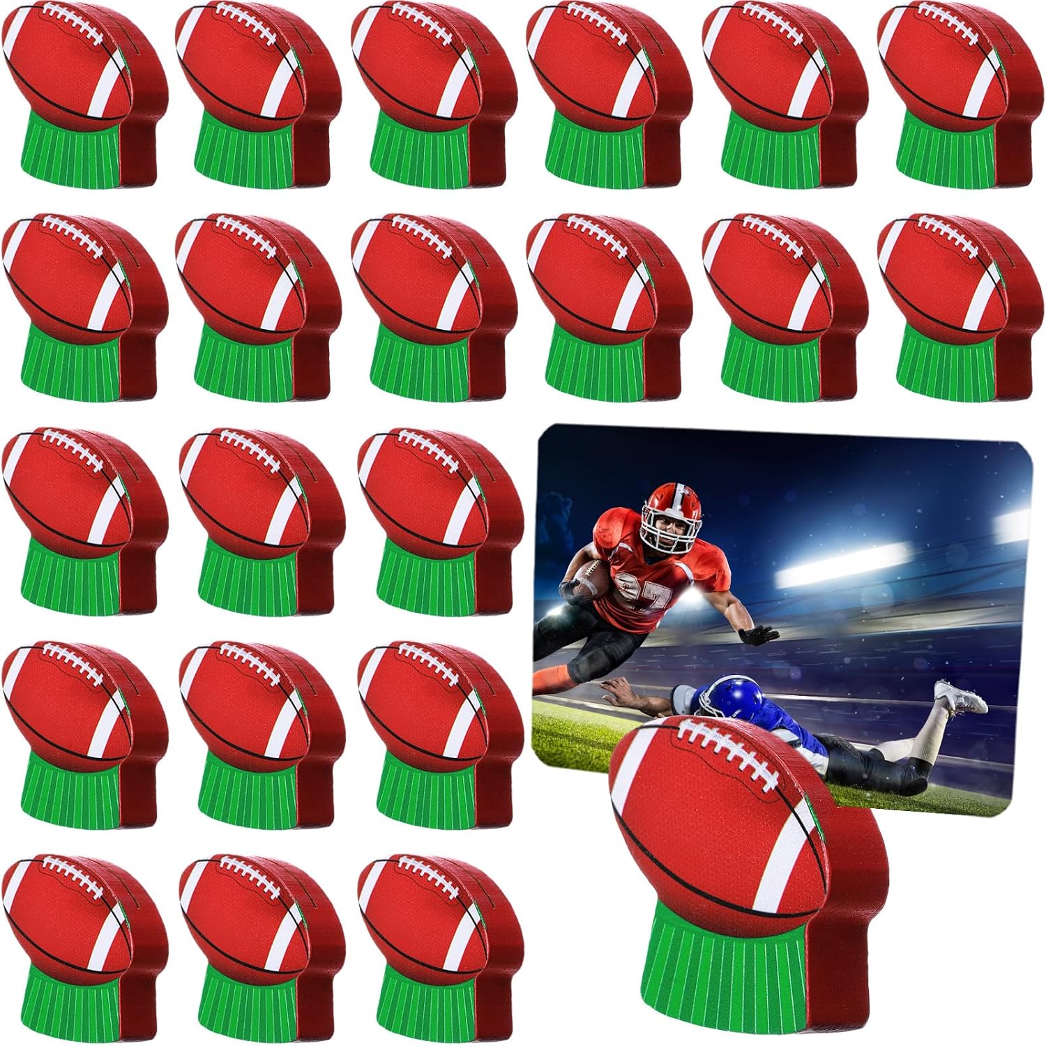 AceOrbit 12 Pcs Football Place Card Holder Wooden Picture Holders & Memo Clips Football Centerpieces for Tables Sports Ball Base Number Holders for Wedding Party Supplies