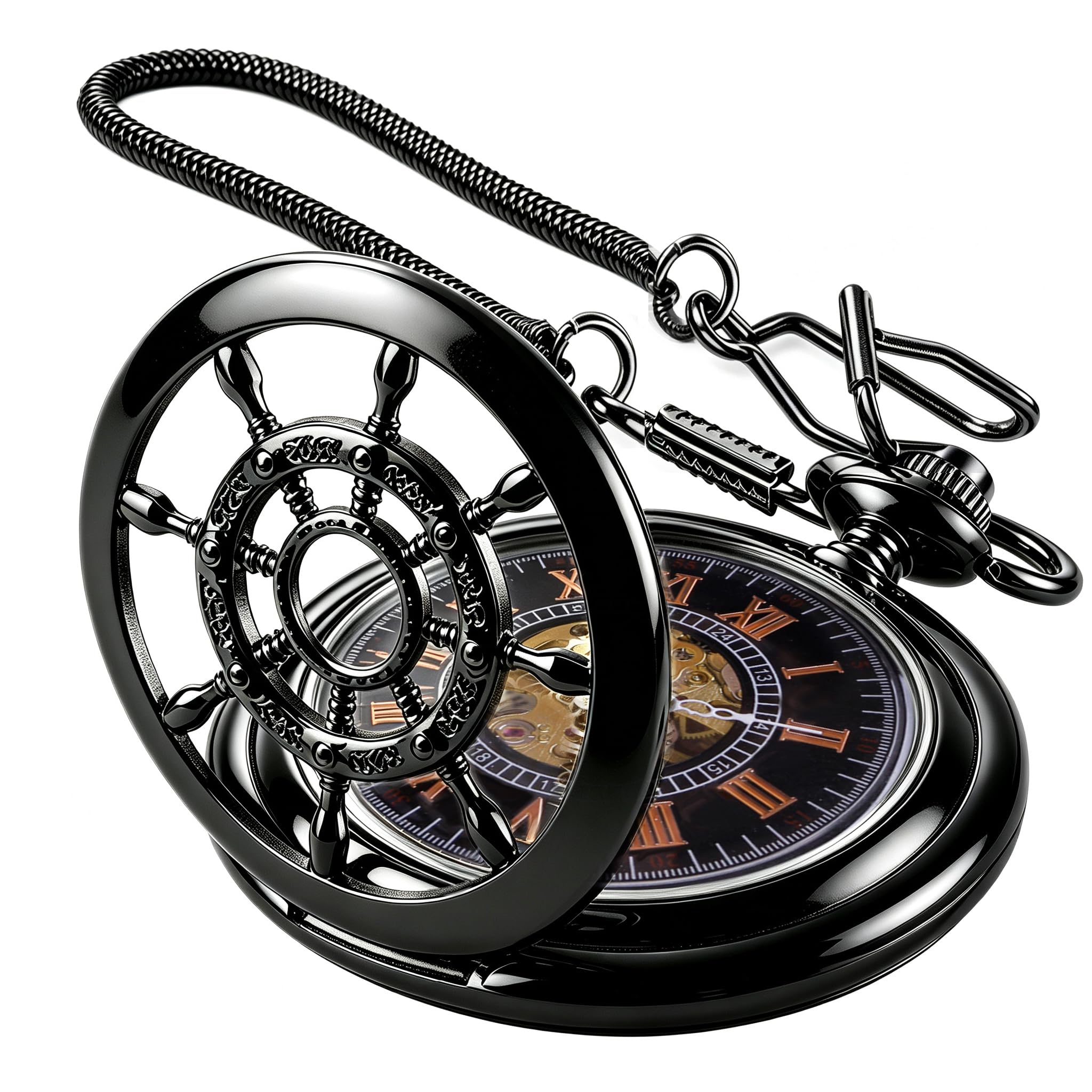 Men's Mechanical Hollow Rudder Design Hand Wind Pocket Watch Roman Numerals Steampunk with Chain Box