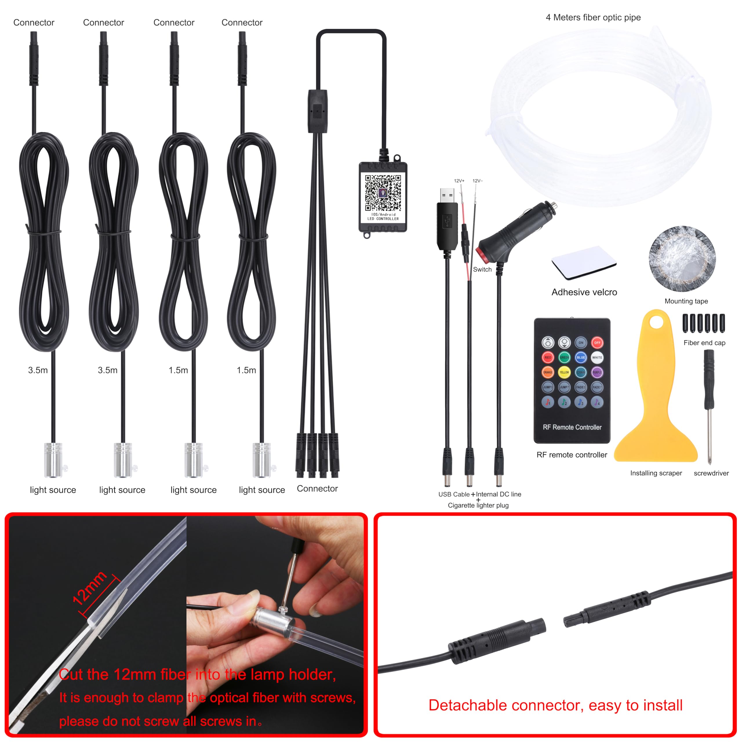 QAUBEN Car Ambient Lighting 64 Colors Multicoloured Music Optic Fiber Cable RF Remote + APP Control Car DIY Decorative Atmosphere Lighting DC 12V 1W 4m