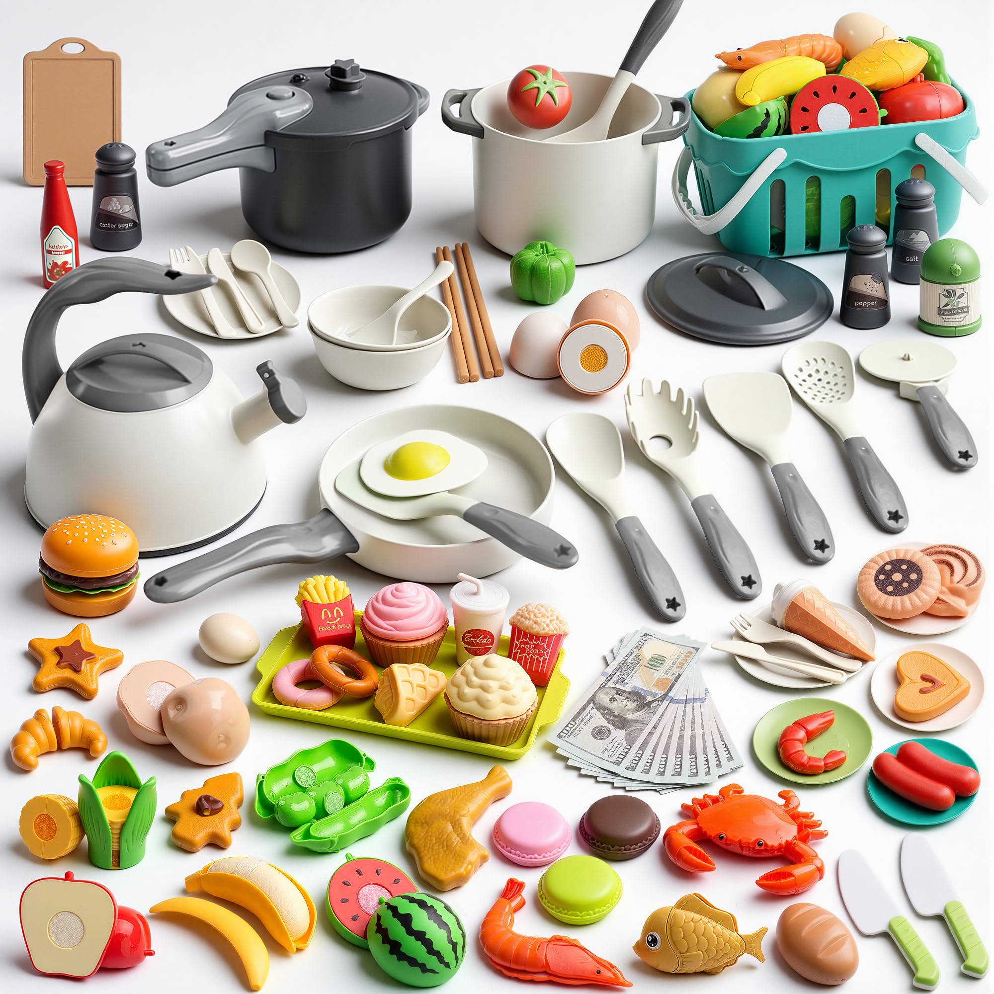Photo 1 of 130Pcs Kitchen Playset, Toddler Pretend Cooking Play Pots, Pans, Utensils Cookware, Daily Food Fruit Veges, Shopping Storage Basket, Dessert, Prop Money, Learning Gift for Child (White)