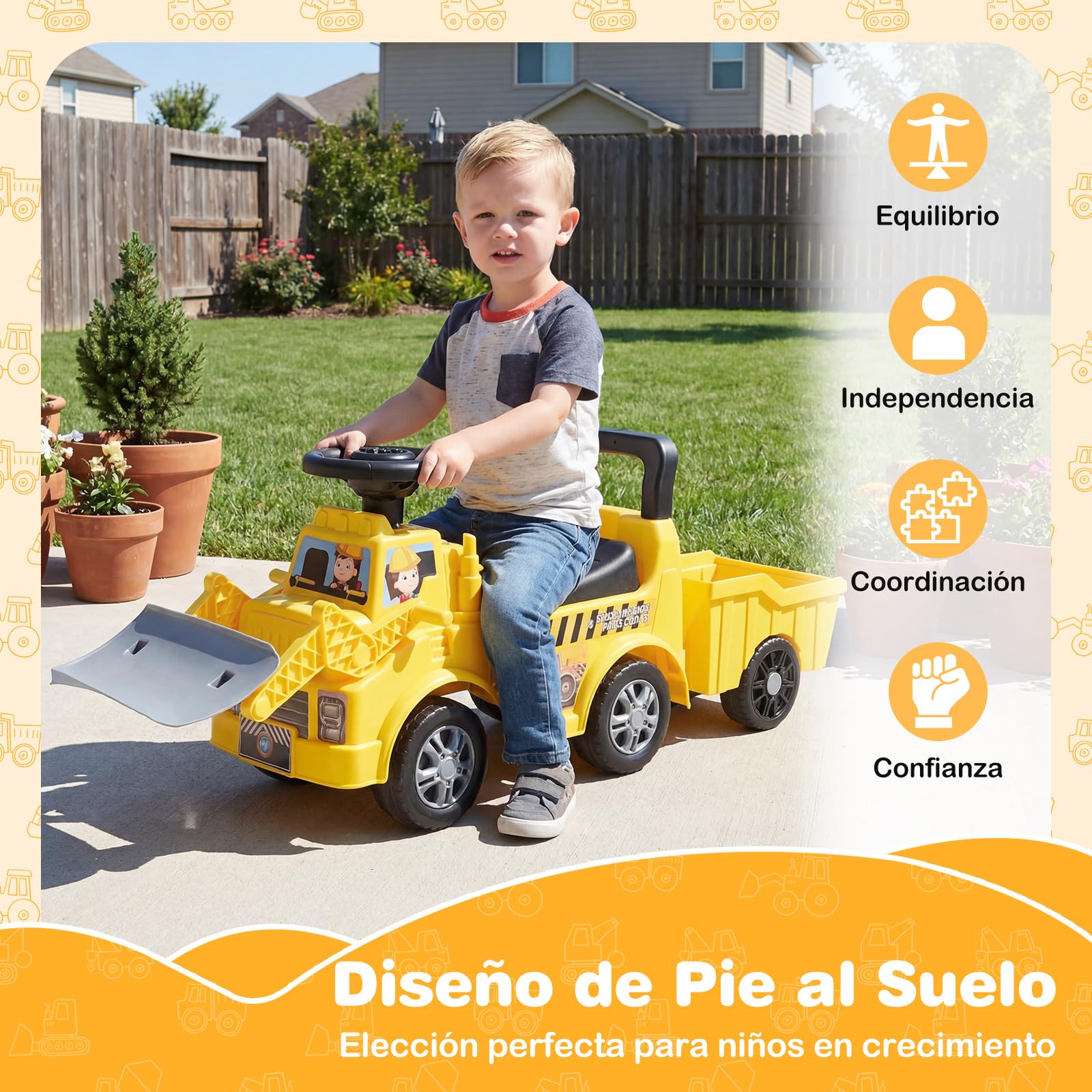 COSTWAY Coche Correpasillos para Niños, Excavadora de Nieve de Paseo Infantil con Remolque y Pala, Almacenamiento Oculto, Música, Bocina, Excavadora Correpasillos para Niños de 19-36 Meses(Estilo 2)