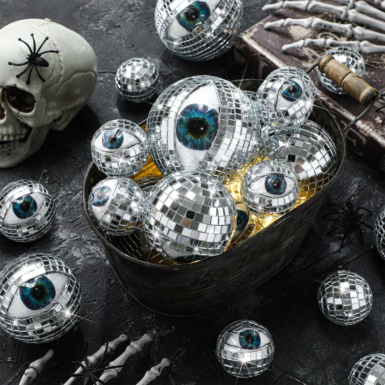 Geelin 20 Pcs Silver Disco Eyeballs Foam Glitter Eye Ball Halloween Decorations for Decorating Artificial Fall Decor Farmhouse Decorations for Table Centerpiece Party Decor, 3 Sizes