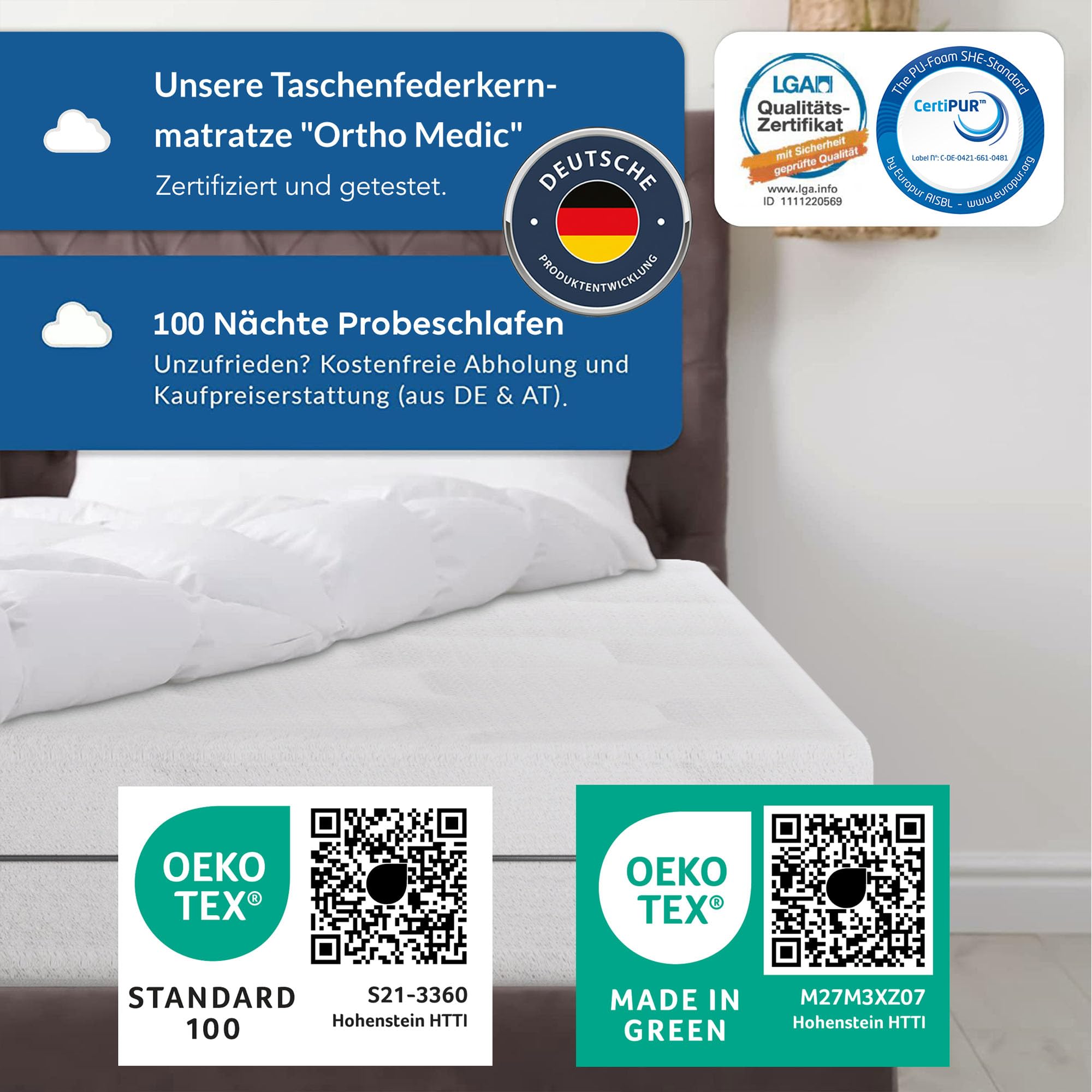 BMM Taschenfederkernmatratze Ortho Medic 90x200 cm H3 21 cm 7-Zonen | Punktelastischer Taschenfederkern mit 7 Liegezonen passt sich Ihrem Körper an und fördert eine natürliche Liegeposition.