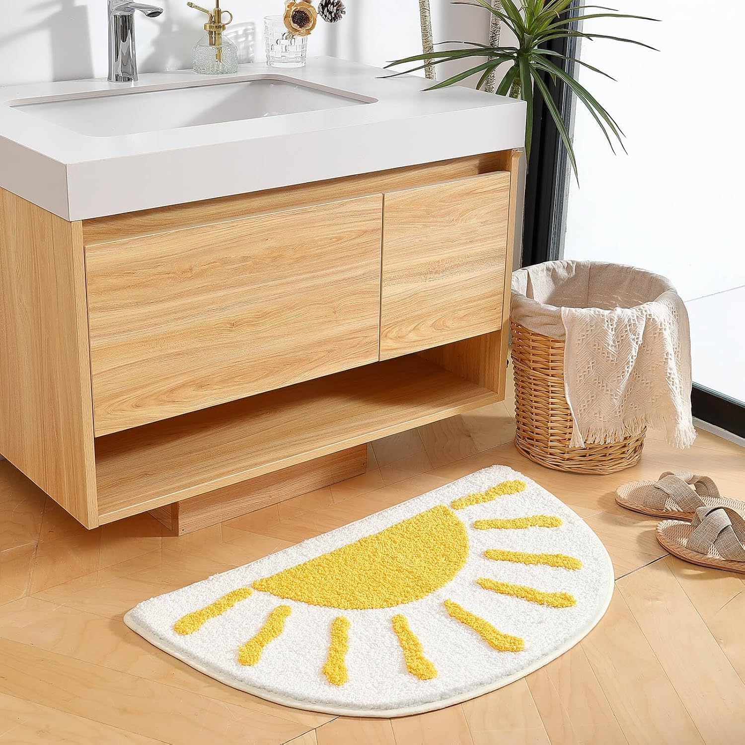 Bathroom Rugs Mat Half Circle - 35"x22" Large Cute Sun White Yellow Boho Bath Mats Non Slip, Soft Absorbent Microfiber Bohemian Rug, Semi Round Machine Washable Rubber Rugs for Floor Bedroom Bathmat