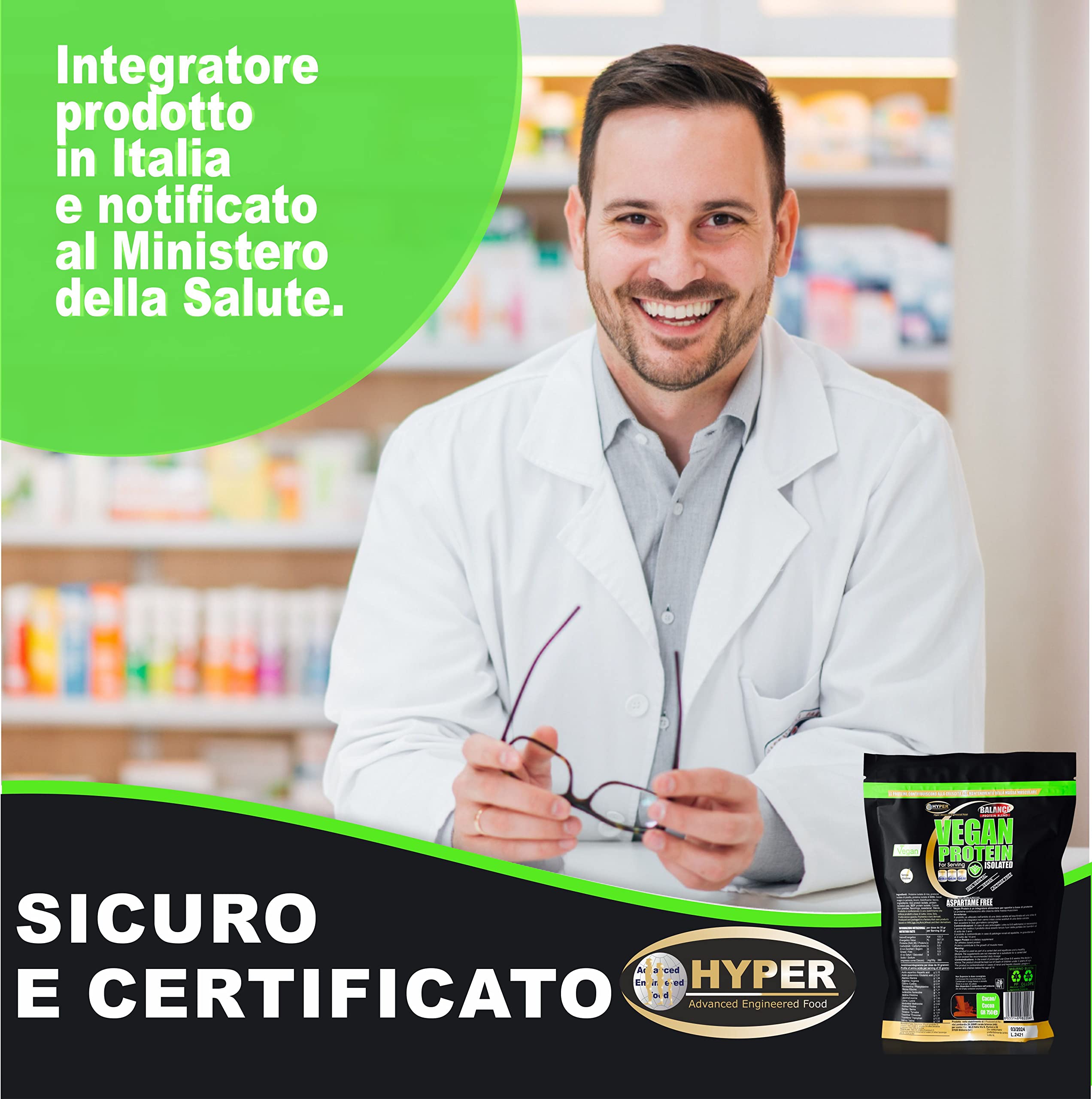 Hyper Vegan Protein Proteine Vegane da Fonti Vegetali (Proteine Isolate Soia Riso Pisello) Rilascio Graduale (gr 750 cacao)