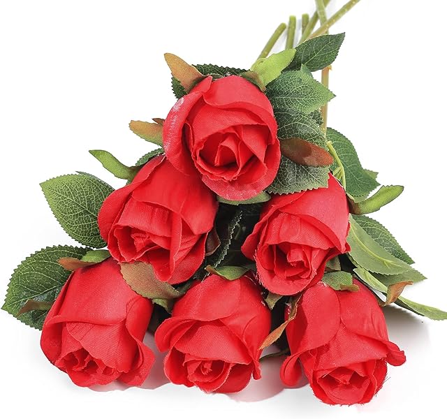PanBeiQi 6 Pcs Artificial Roses Flowers, Single Stem Silk Faux Flowers Roses, Fake Realistic Artificial Red Roses Bouquets for Wedding Floral Arrangements Home Party Centerpiece Decoration