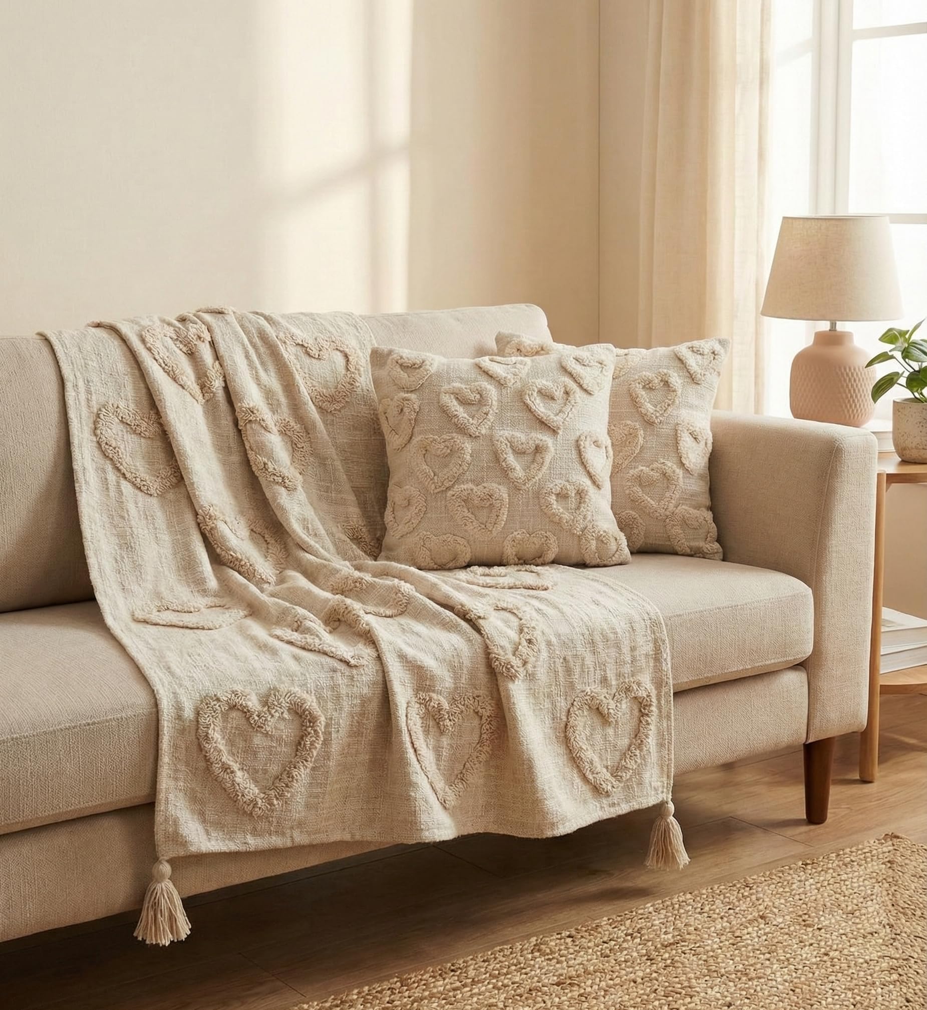 Boho Cotton Hand Tufted Sofa Throw Blanket with 2 Matching Cushion Covers (16x16) | 50x60 Inches Couch Throw & Pillow Combo Set | Earthy Minimalist Decor with Tassels (White Heart)