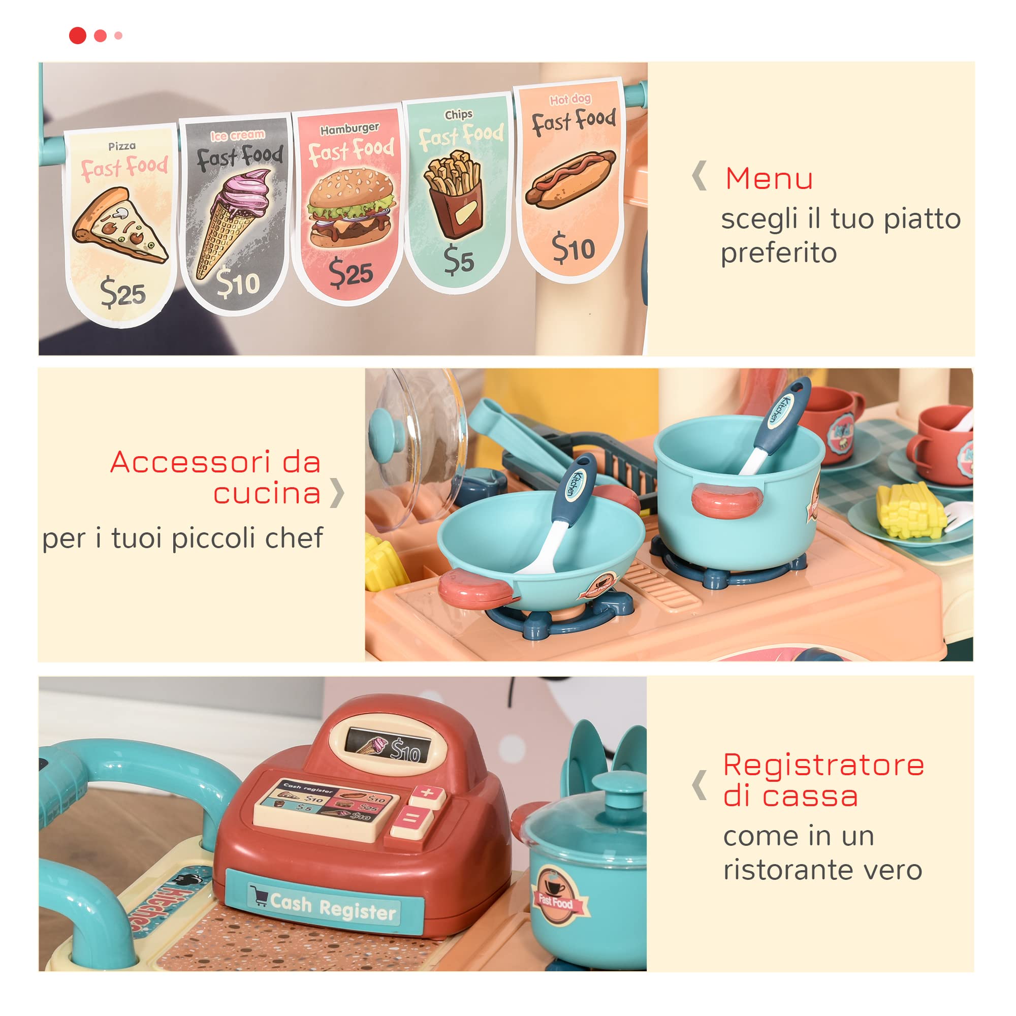 HOMCOM Cucina Giocattolo Per Bambini 3-6 Anni, Caffetteria Ristorante con 50 Accessori Inclusi, 79.5 x 33 x 90.5cm