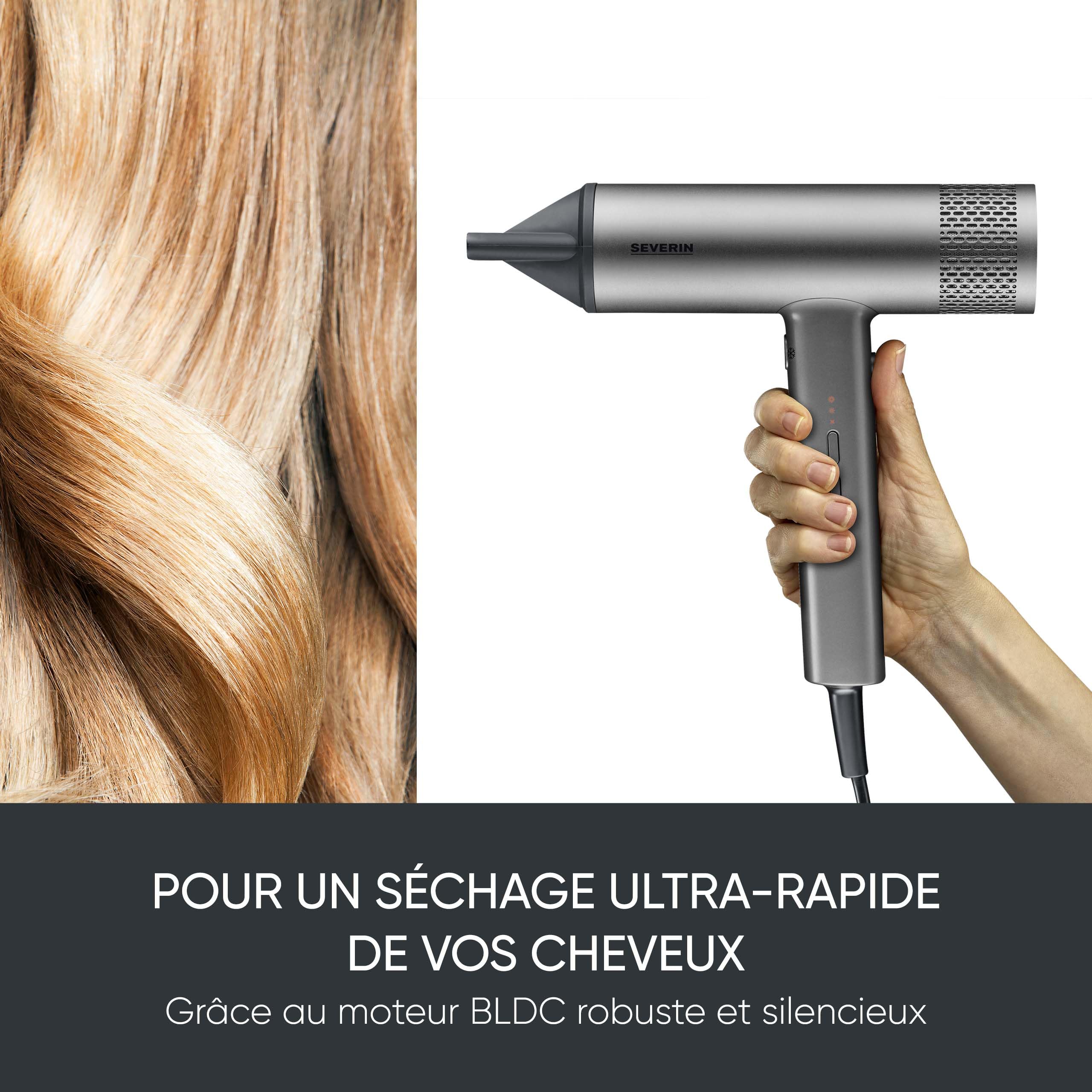 SEVERIN Seche cheveux performant avec moteur BLDC et technologie ionique, Sèche cheveux avec diffuseur et concentrateur magnétiques, sèche-cheveux puissant 2 000 W, Gris, HT 0171