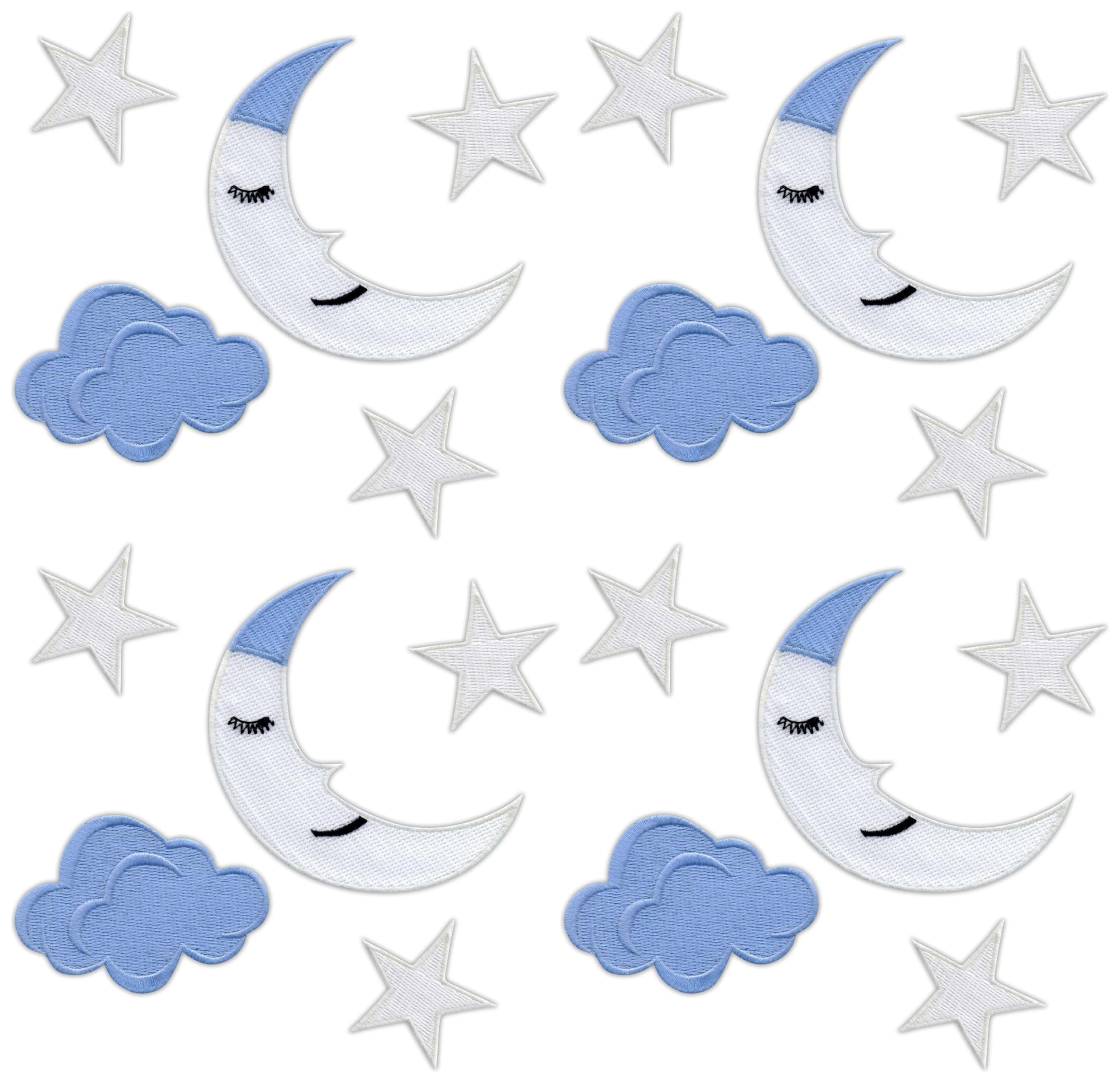 Set di 4 toppe con motivo luna, nuvola, stelle, fili fosforescenti, in velo nero, retro in VeIcro, toppa ricamata, distintivo, emblema