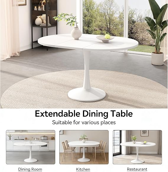Round Extendable Dining Table, White Kitchen Tables with Smooth Extension Mechanism, Extendable Dining Table 4-6 Seater, Small Dining Tables for Dining Room, Kitchen, White(No Chair)