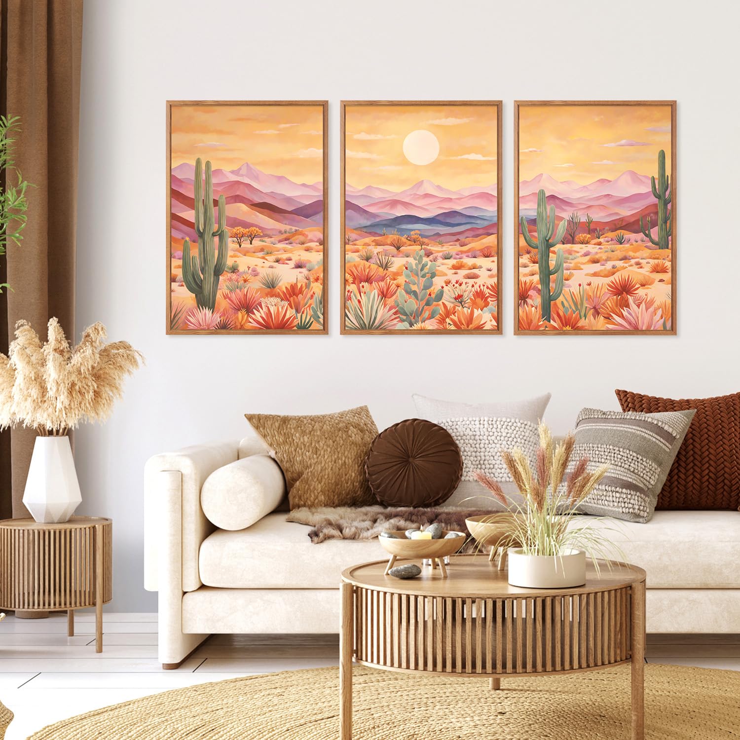 HOURIA Kunstdruck auf Leinwand, abstrakter Sonnenuntergang, Bergwüste, Kaktus, 40,6 x 61 cm, Vintage-Südwest-Landschaft, Wanddekoration, moderner Boho-Kunstdruck für Büro, Bauernhaus, Wohnzimmer, 3