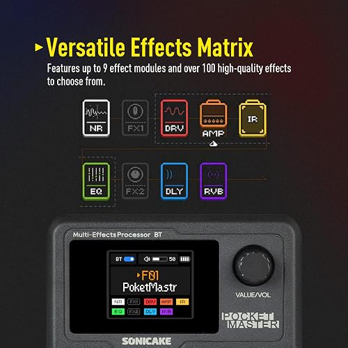 SONICAKE Multi Effets Pédale Guitare 9 modules d'effets 100 préréglages 20 amplis/cabines Processeur d'effets pour guitare OTG Interface audio USB BT avec APP Pocket Master (Noir) - 5