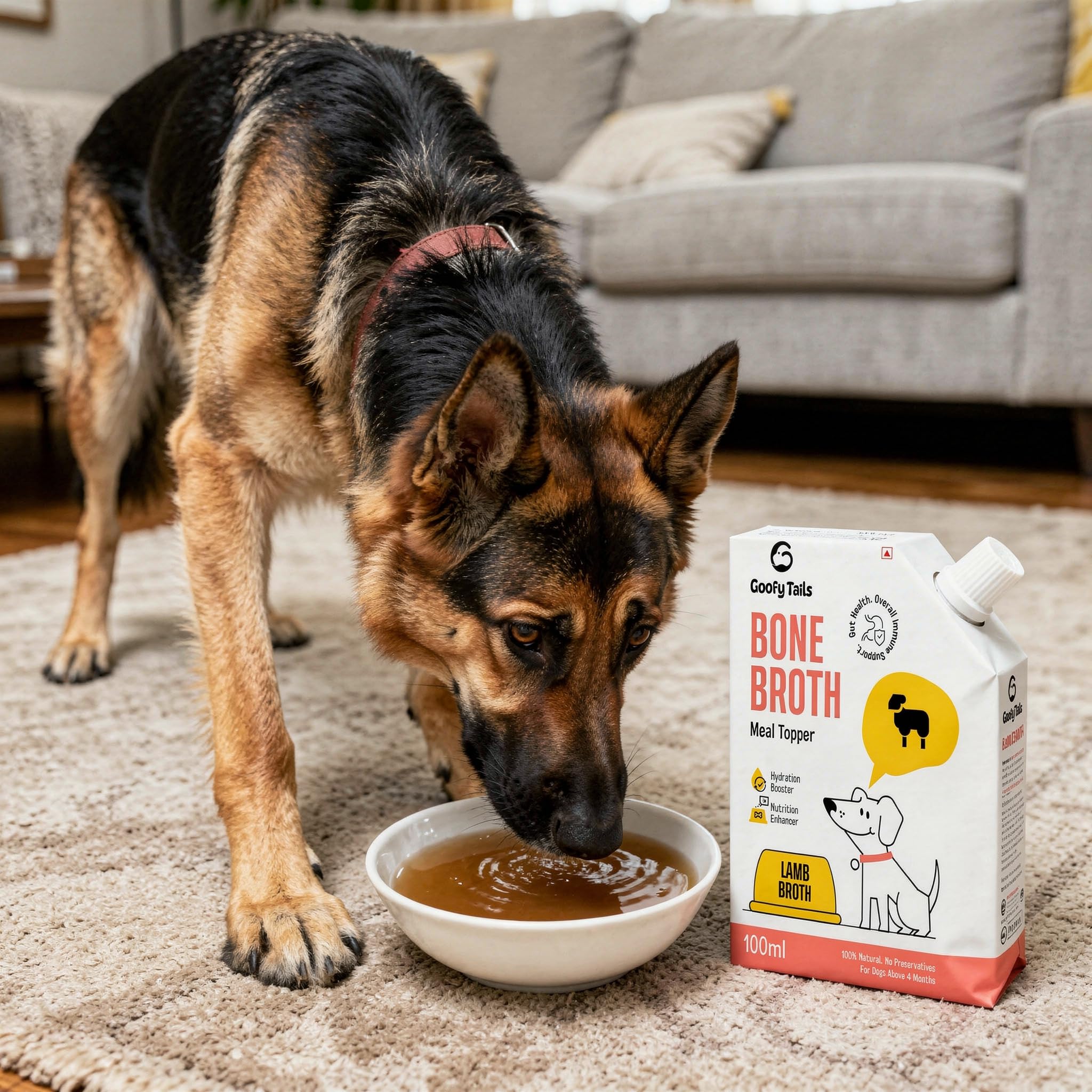 Goofy Tails Lamb Bone Broth for Dogs 300 ml (100 ml X 3 Pack), Human Grade, Preservative Free, Gut Friendly Dog Food Topper, Dog Supplements with Natural Collagen 2