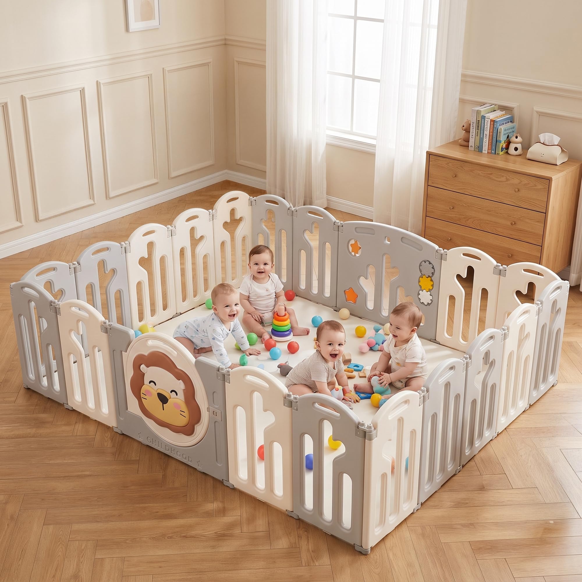 Baybee Lion Kids Playpen for Babies | Foldable Baby Play Area Indoor Setup with Safety Lock & Double Knob | Baby Activity Playards for Toddlers | Outdoor Play Pen for Kids for 0-5 Years (20 Panels)