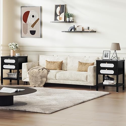 Miniatura 8 de SICOTAS Juego de 2 mesitas de noche negras  Mesita de noche de madera con cajón decorativo con pomos de metal, mesas auxiliares modernas con estante