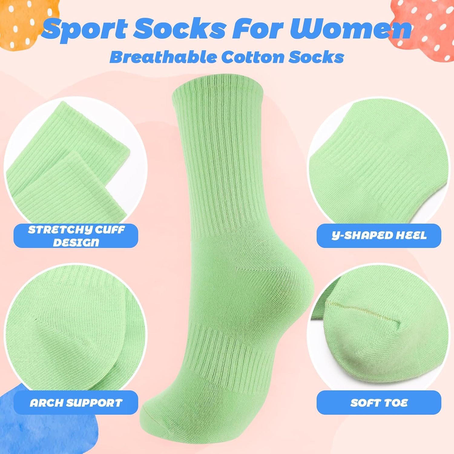 8 Pairs Women's Crew Socks, Solid Color Athletic Calf Socks Comfortable Soft Cotton Lightweight Colorful Casual Sock for Women Girls Size 5-9