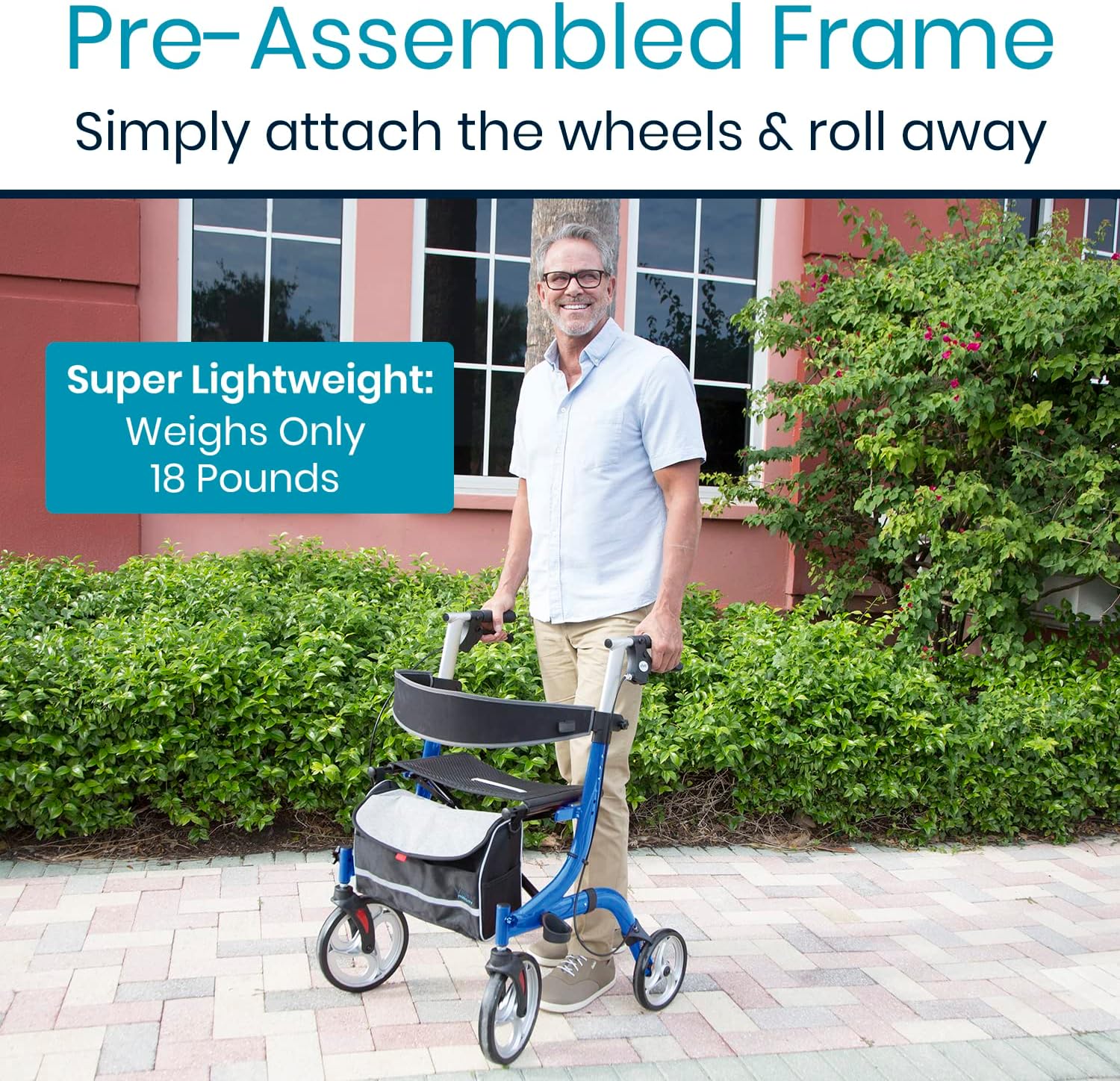 A person standing next to the Vive Rollator Walker, with text indicating 'Pre-Assembled Frame' and 'Super Lightweight: Weighs Only 18 Pounds'.