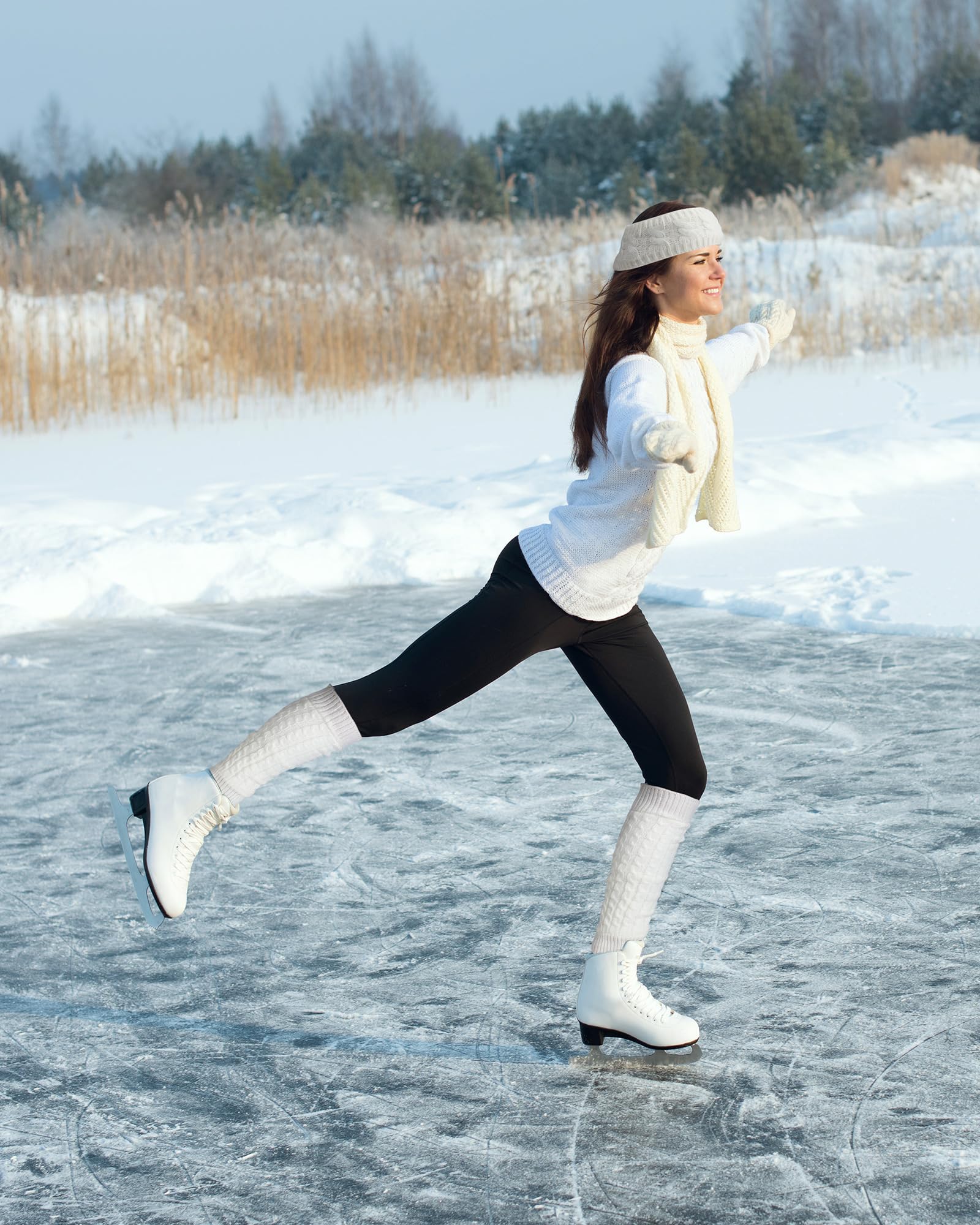 Chuarry Juego de 4 calentadores de piernas y diadema para patinaje artístico, calentadores de piernas de forro polar para invierno, diadema trenzada para mujeres y niñas