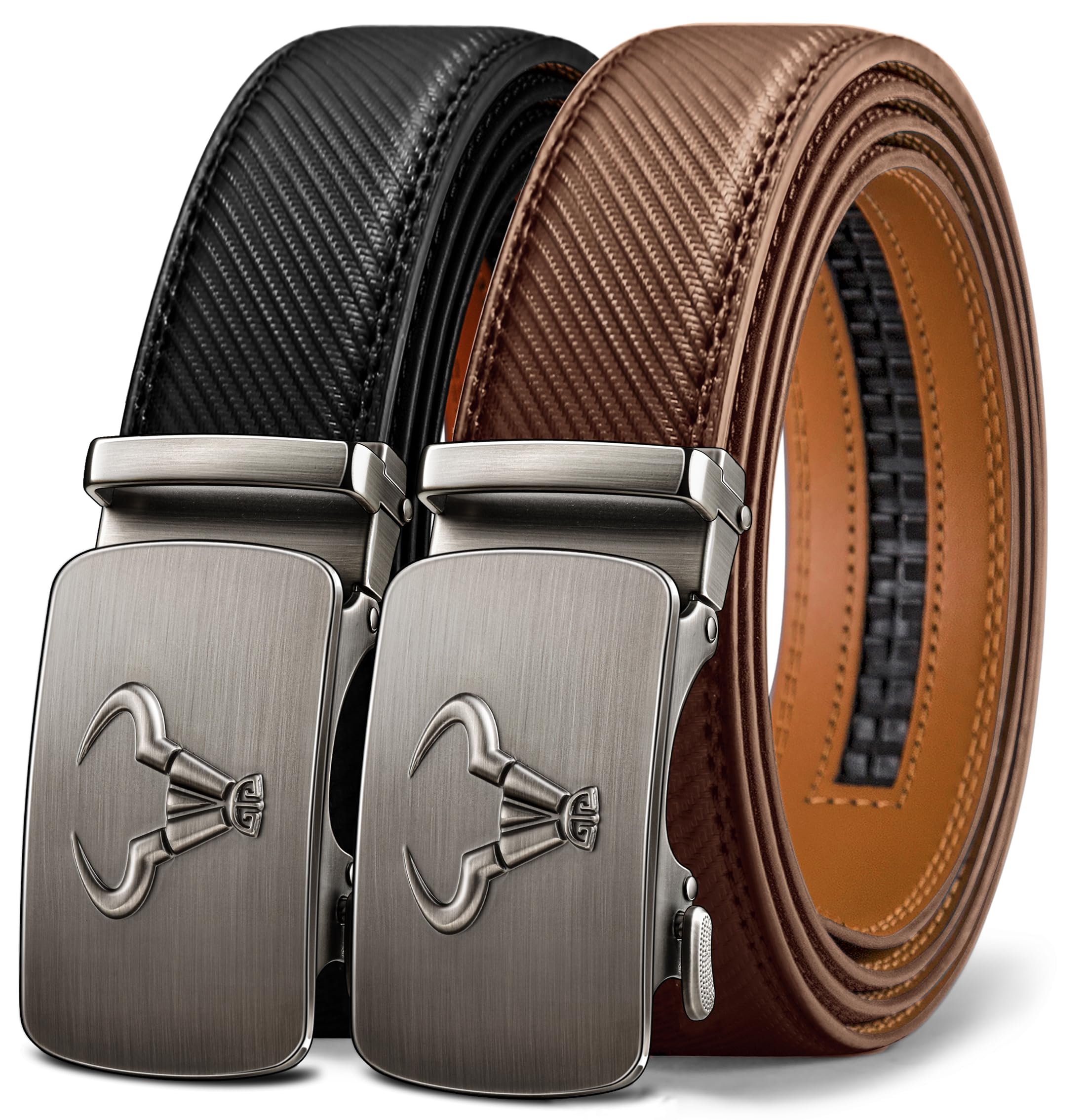 BULLIANT Gürtel Herren 2er, Gürtel Ratsche Automatikschließe Ledergürtel für Herren Verstellbar 35mm Breit mit Geschenkbox