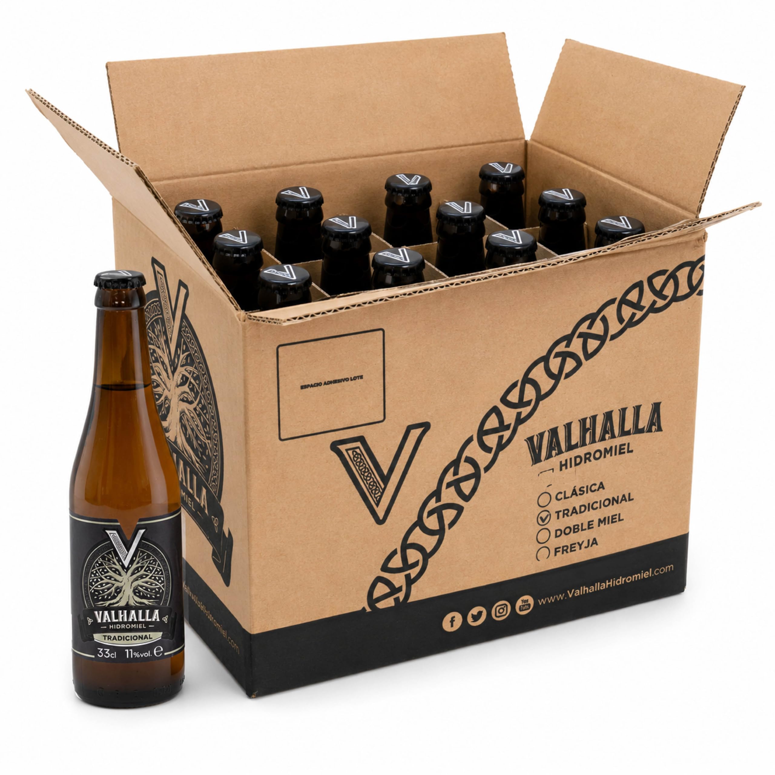 Valhalla Hidromiel Tradicional Cerveza Artesanal | Estilo Show Mead Semi Seco | Bebida Natural con Aroma de Frutas Blancas y Miel | Caja 12 Botellines 33cl | Sin Gluten | 11% Grados Alcohol