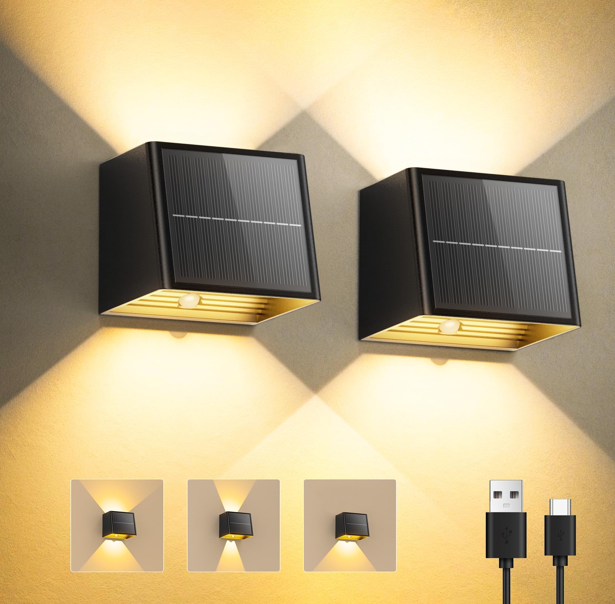 Solarlampen für Außen mit Bewegungsmelder, 2000mAh, 2 Lademodi & 3 Lichtmodi, IP65 Wasserdichte Solar Wandleuchte Auf und ab Einstellbar Lichtstrahl für Garten Balkon Terrasse Treppen (2 Pack)