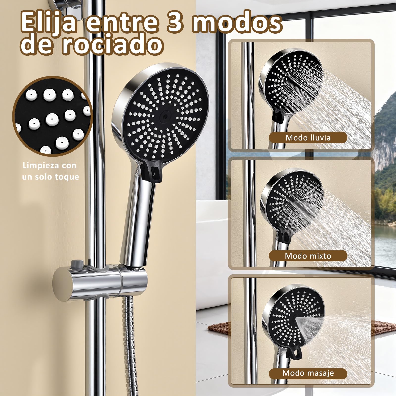 Sistema de ducha con grifería ajustable en altura sin termostato con cabezal de lluvia grande de 26 cm y ducha de mano de 3 funciones juego de ducha de acero inoxidable