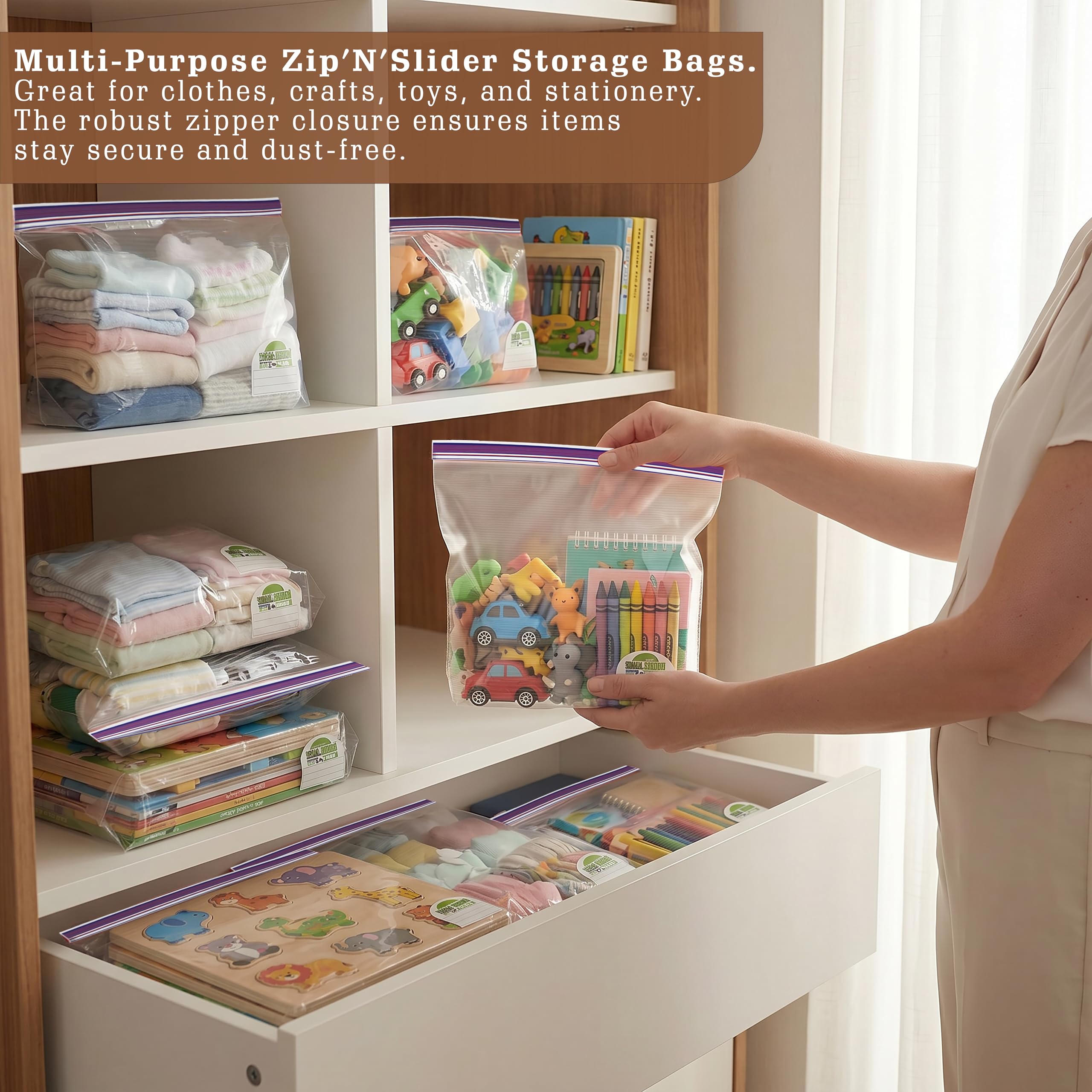 Shalimar Zip 'N' Slider (Press Fit) Bags|Combo Pack (Small+Medium+Large)|Pack of 45 Bags|Ziplock/Vegetable/Fruit/Fridge/Multi-Purpose Storage Bag|Reusable & Reclosable with Double Lock|Color-Natural 1
