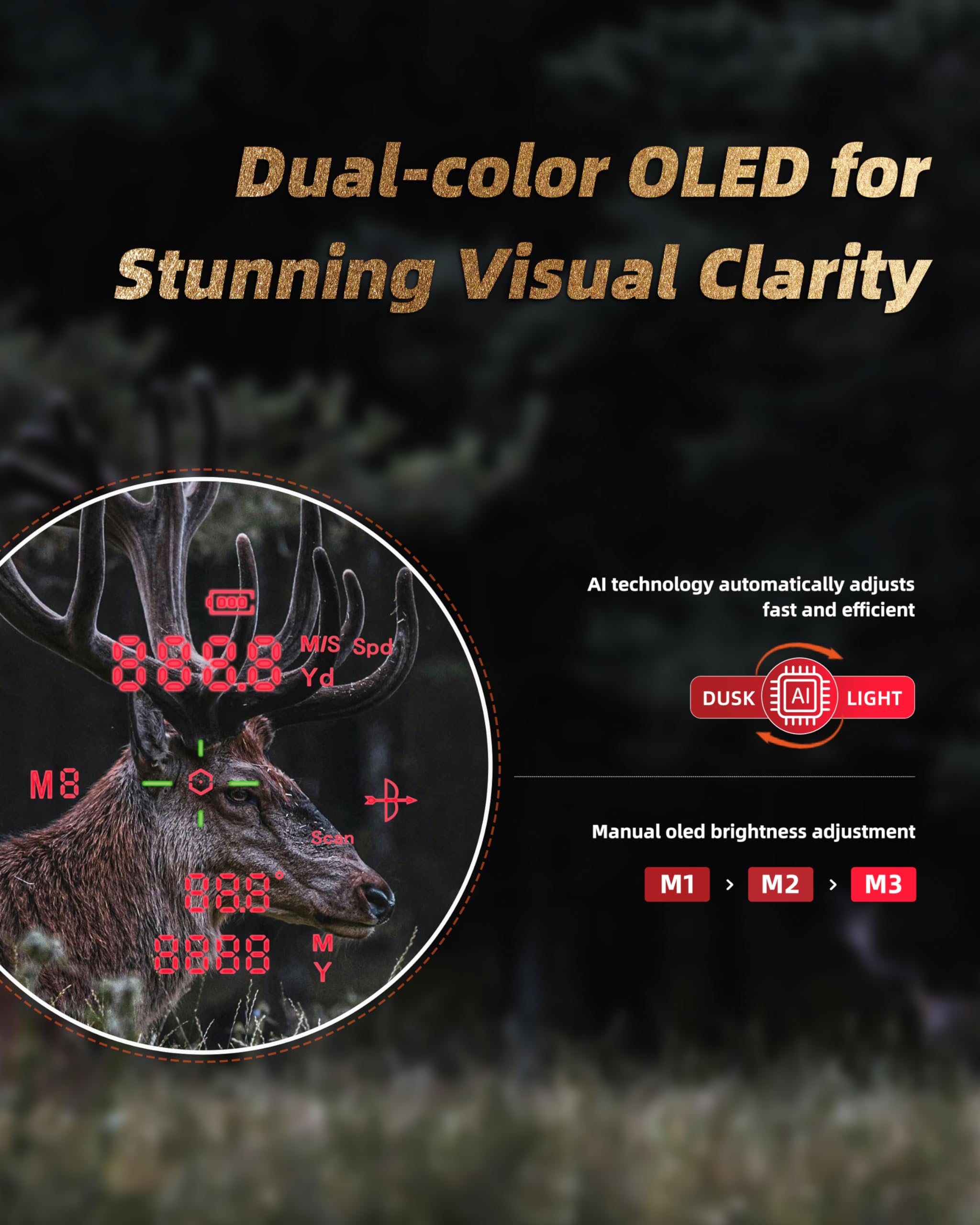 AOFAR HX1600 Laser Entfernungsmesser Jagd 1600Y, OLED Dual-Farbe (95% Licht), Winkel & horizontale Distanz, Entfernung/Scan/Geschwindigkeit, IPX4, 0.3s Schnellmessung, für Jäger & Outdoor