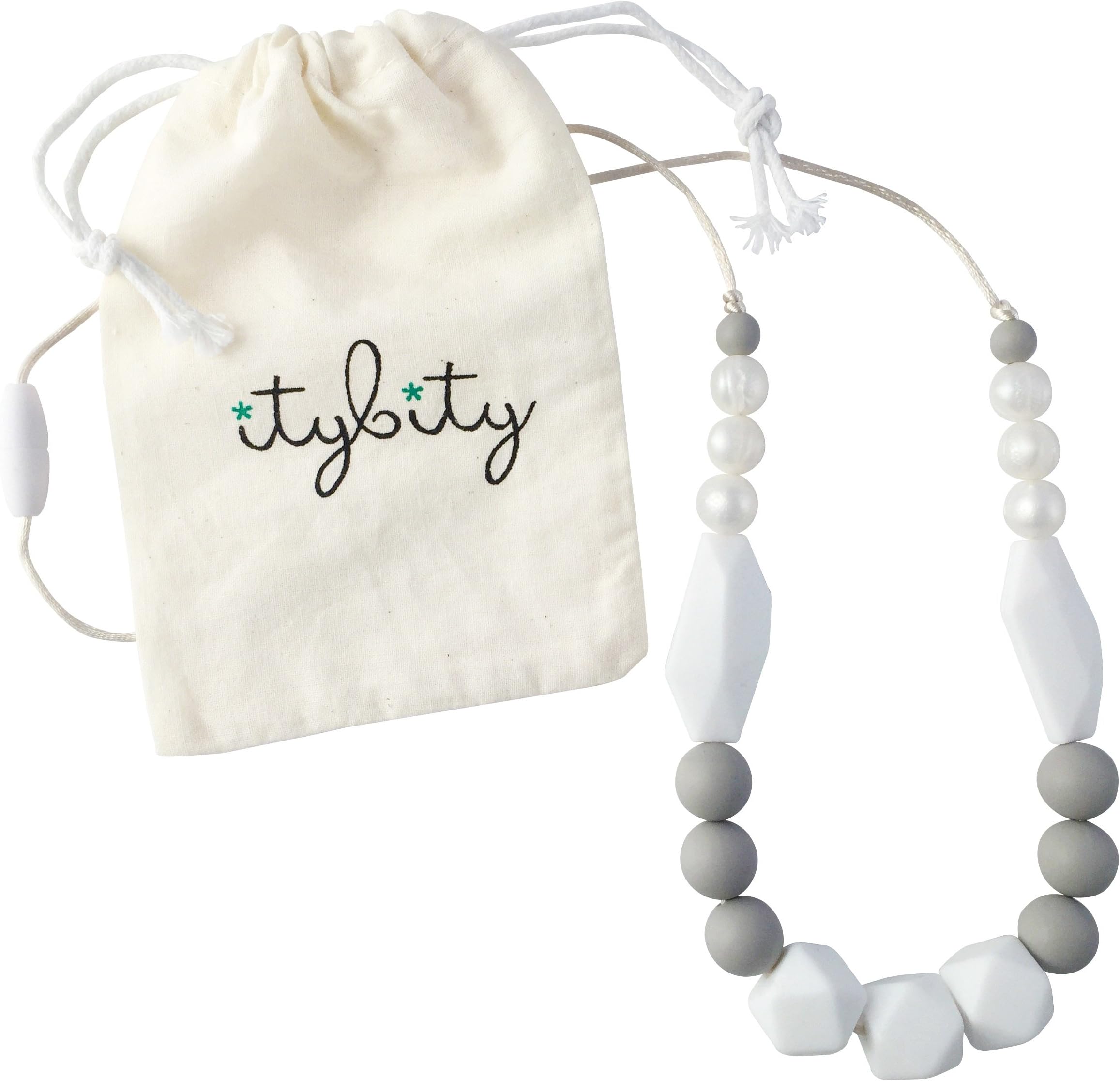 Baby Teething Necklace for Mom, Silicone Teething Beads, 100% BPA Free (Pearl, White, Gray, White)