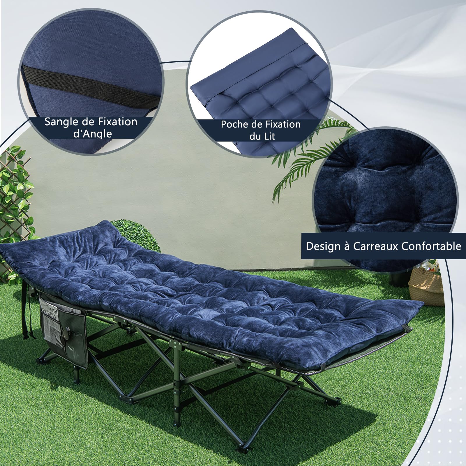 GYMAX Matelas de Lit de Camping 190 cm avec Velours Cristal Doux (Marine) | Matelas de Sommeil Respirant, Matelas de Lit de Camp Léger pour Randonnée, Camping, Voyages