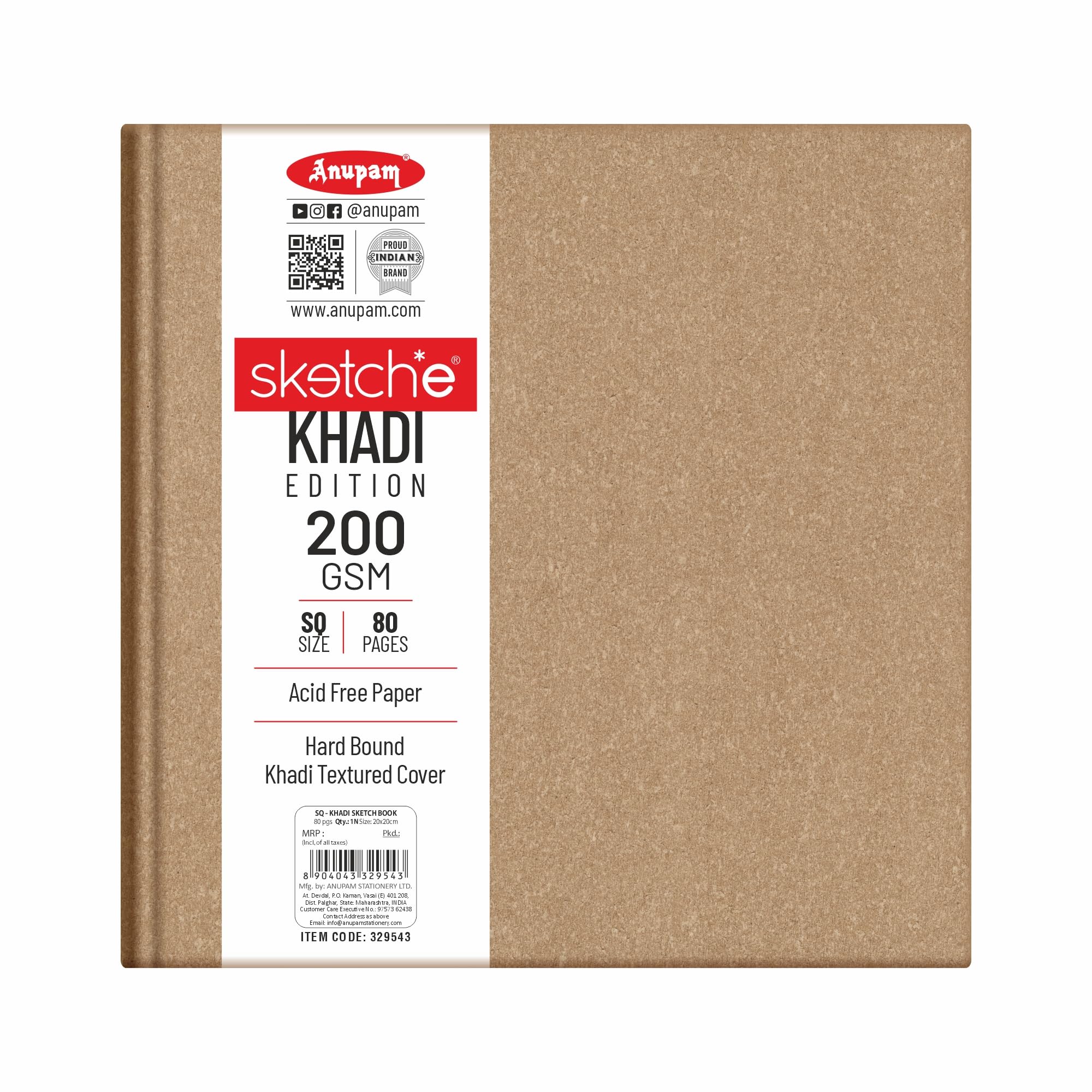 Anupam Sketche Khadi (Cover) Hardcover Sketch Book Square | 40 Sheets / 80 Pages | 200 GSM Acid-Free Cartridge Paper | Good for Marker Watercolor, Alcohol Markers, Acrylic, Ink, Oil Pastel, Pencil