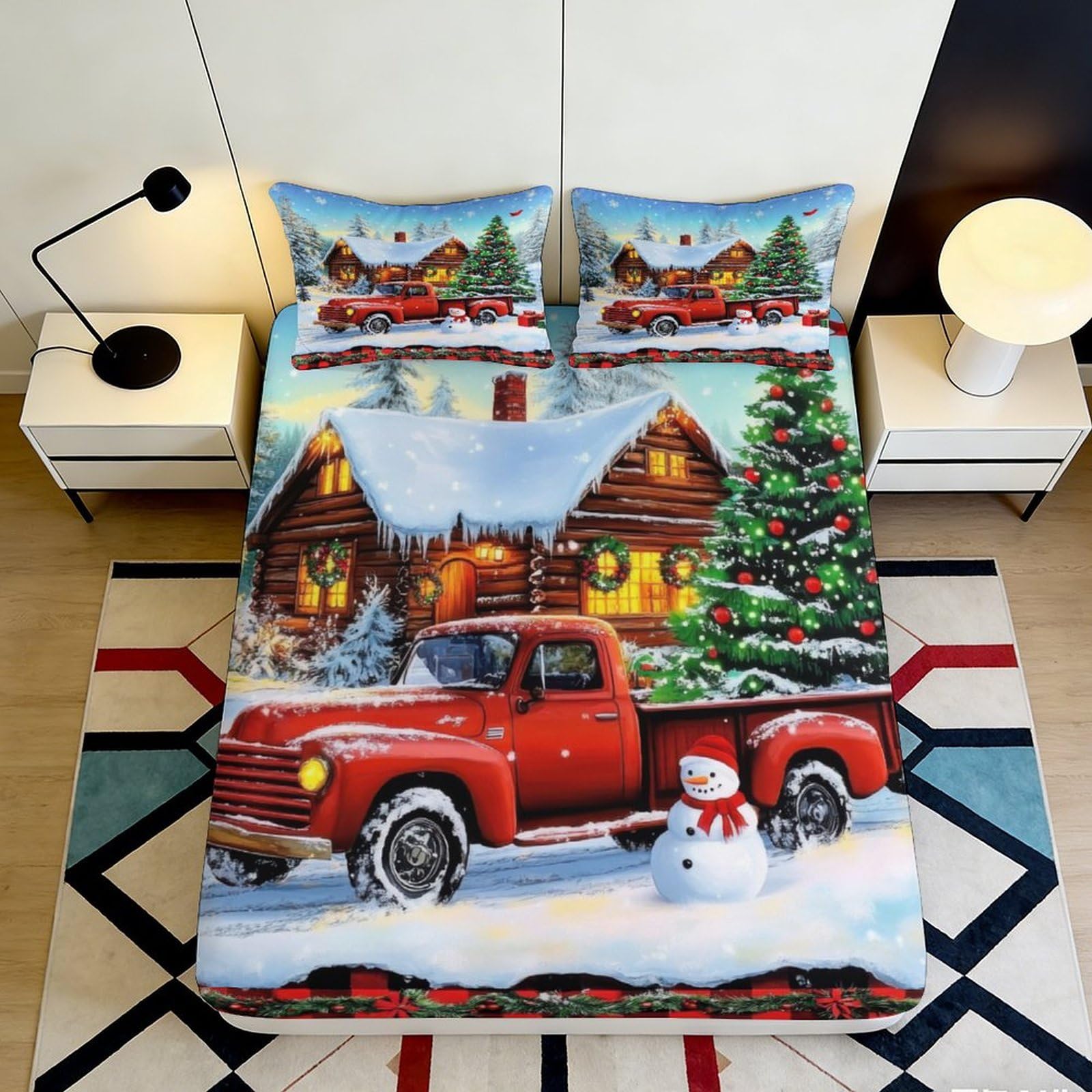 3D Printed Christmas Cabin Fitted Sheet Microfiber Soft Red Truck Snowman Bed Cover for Bedroom Guest Room Mattress Decor 90x200x25cm