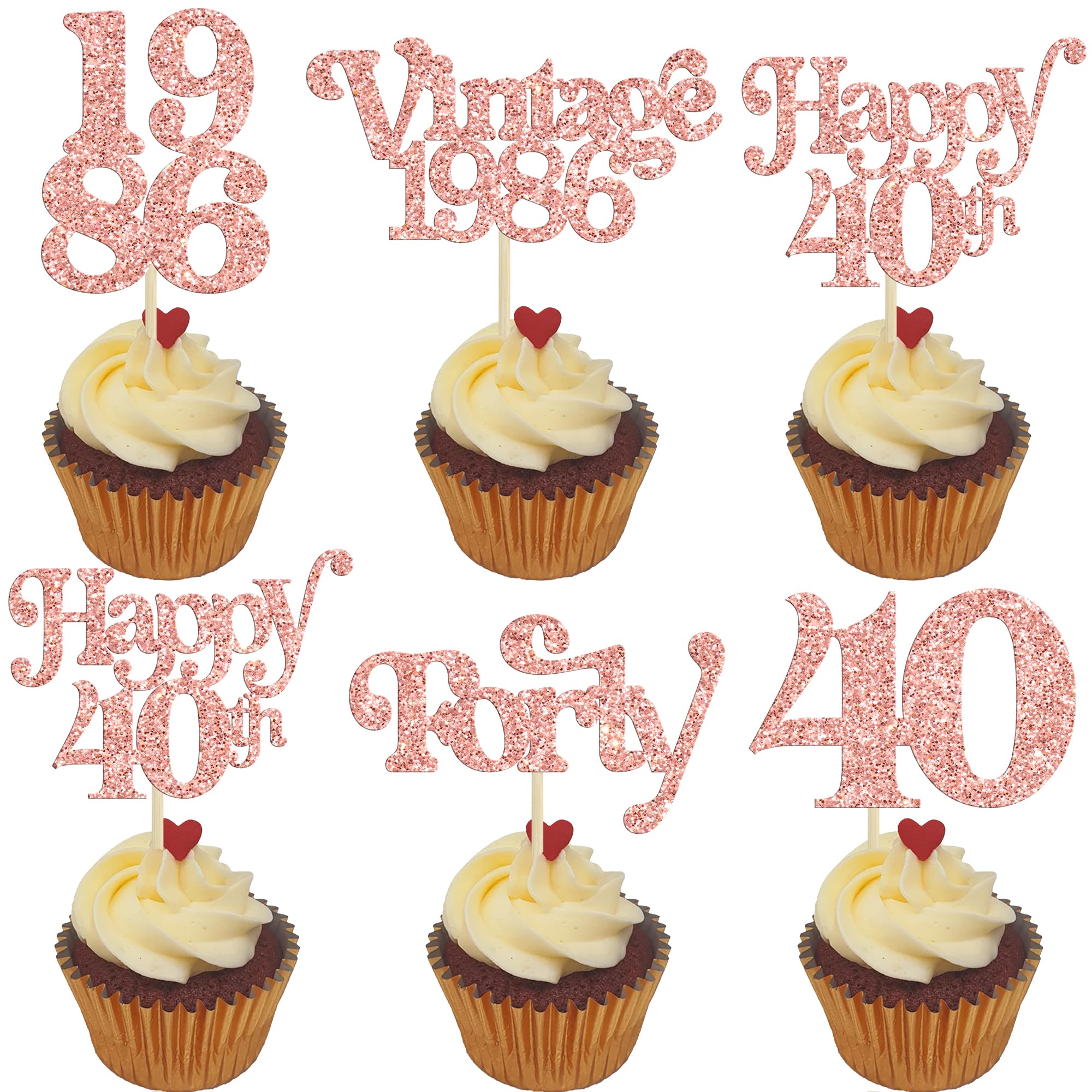 Gyufise 30Pcs 40th Birthday Cupcake Toppers Glitter Cheers to 40 Fabulous Forty Cupcake Picks Happy 40th Birthday Wedding Anniversary Party Cake Decorations Supplies Rose Gold