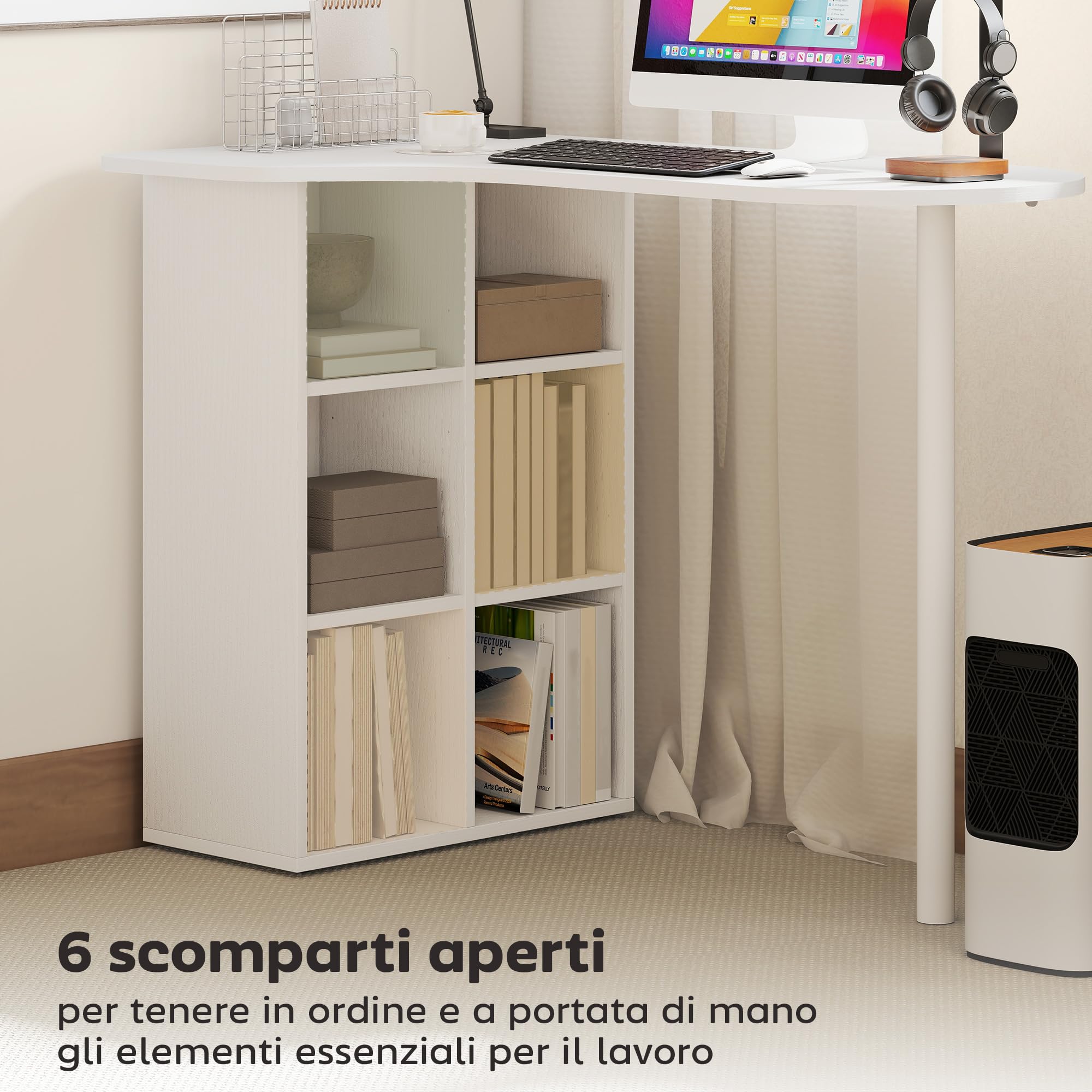 HOMCOM Scrivania Salvaspazio, con 6 Scomparti, 100x59x75.5 cm, Bianco | Scrivania Piccola, 4 Scaffali Regolabili, Piano Ricurvo, Tavolo Computer, per Casa, Studio e Ufficio