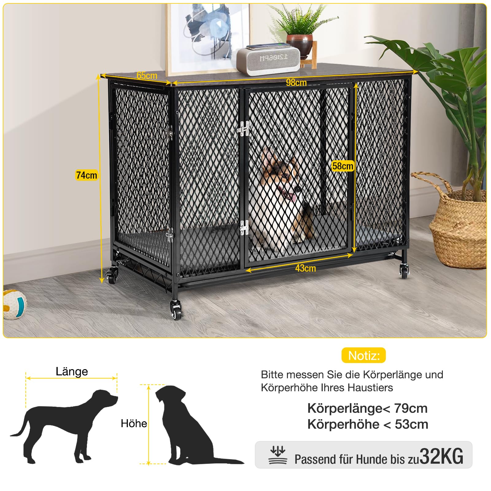 Aivituvin Hundekäfig Möbel, große Bewegliche hundebox für zuhause, Indoor Hundekennel für kleine, mittlere und große Hunde, Holzhundehaus mit Kissen, Ablagetrog und Drahtboden (schwarz, XL)