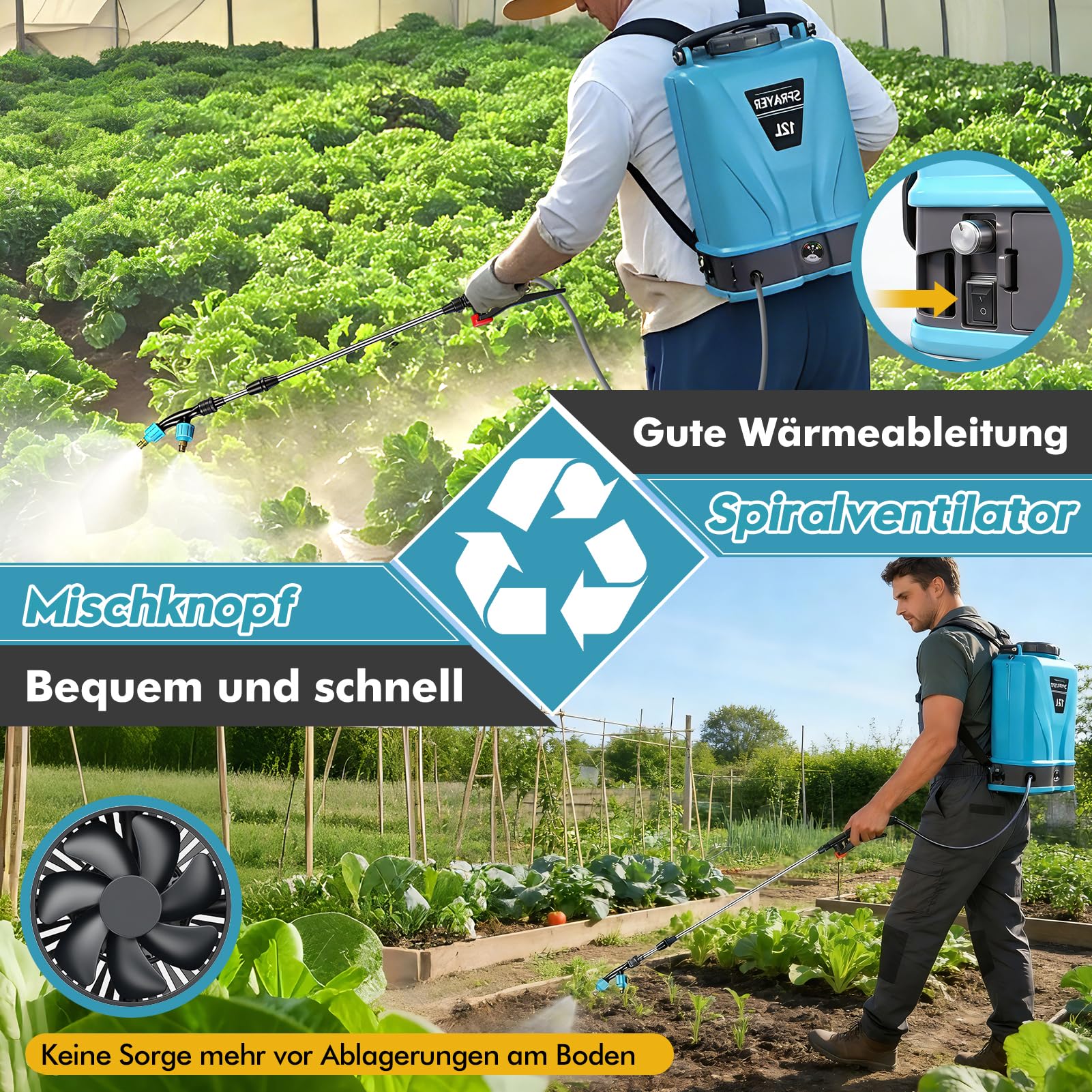 Viugreum Rückensprüher 12L, Drucksprüher Mit 5 verstellbaren Düsen, Ladegerät, Akku und Schultergurt, Filter, Sprühstange, Profi Drucksprüher für Gartenbau, Landwirtschaft und Unkrautbekämpfung