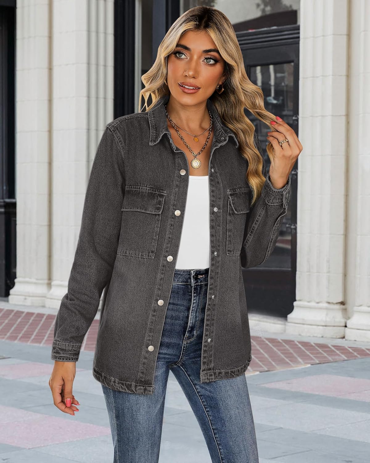 luvamia Jean Jackets for Women 2026 Fall Fashion Oversized Button Down Denim Jacket Western Shacket Jacket with Pockets - Image 8