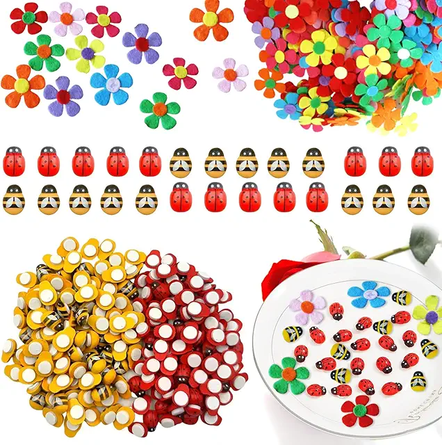 Dbuwqips 250 Pieces Ladybug Bee Felt Flowers Self-Adhesive Stickers for DIY Crafts