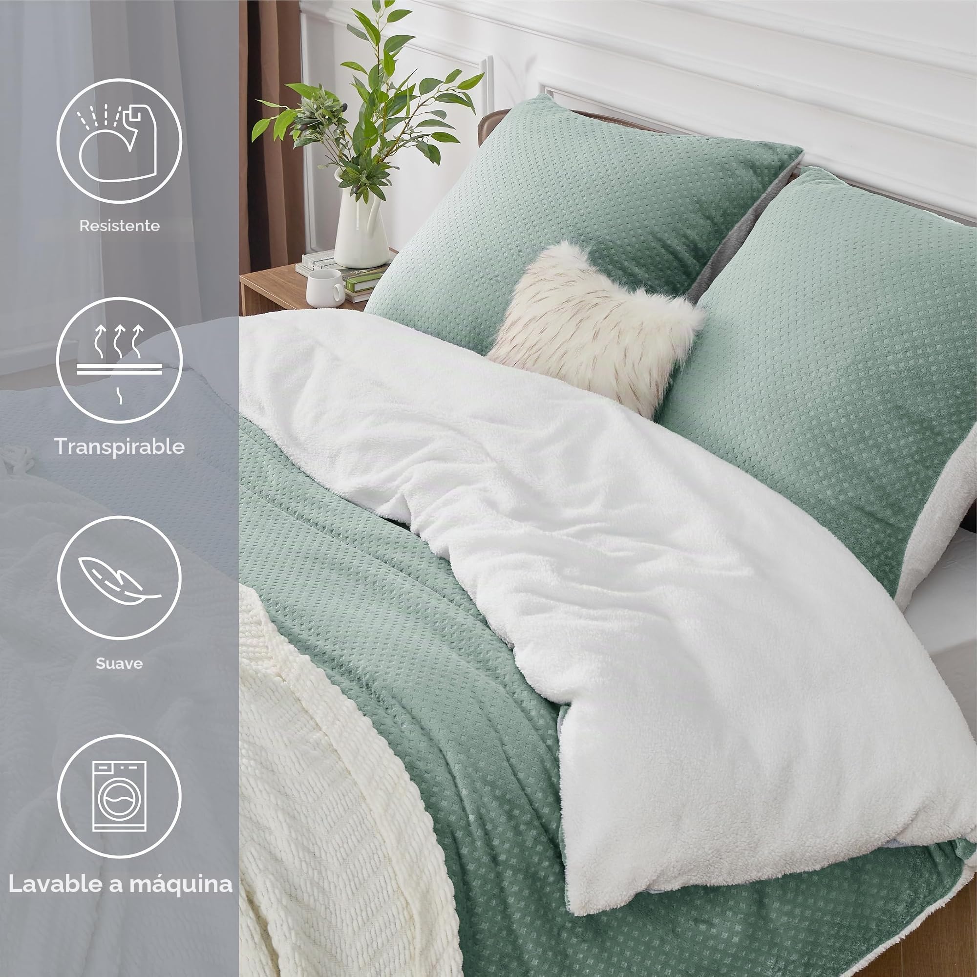 Bedsure Ropa de cama mullida de 155 x 220 cm, verde, funda nórdica de invierno de forro polar con 2 fundas de almohada de 80 x 80 cm, cálida con cremallera, de invierno
