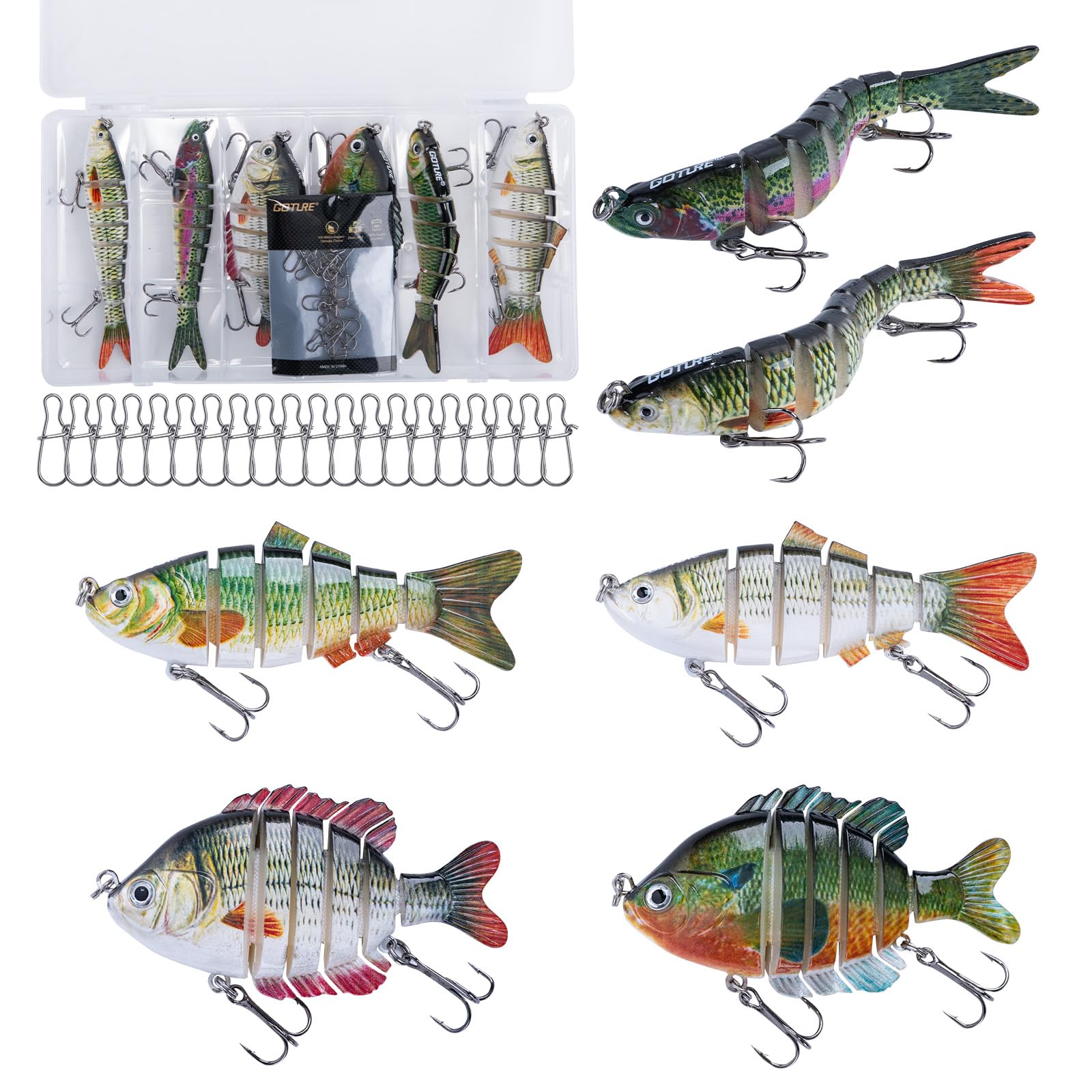 Goture Kunstköder Hecht mit Angelwirbel, 12 Stück Topwater Angelköder für Segment Schwimmköder, Gleitköder Gelenkartigen Hecht Köder, Angelköder-Set für Zander Barsch Forellen Wobbler Swimbait
