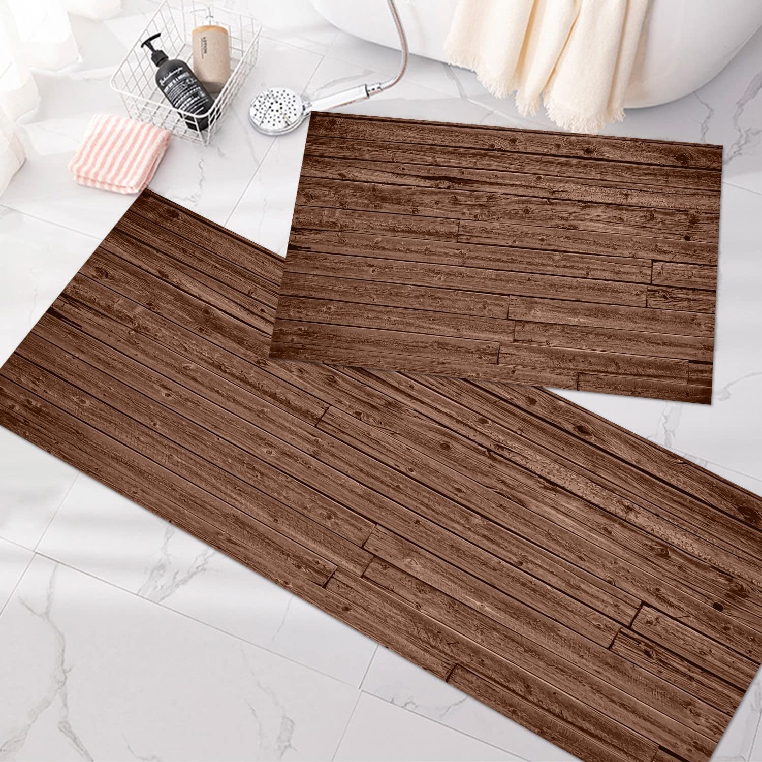 GUBIYU Set of 2 Kitchen Rugs and Mats Anti Brown Bathroom Rug Rustic Area Rug Wooden Texture Kitchen Rug Absorbent Bath Mat Accent Rug Runner for Living Room Bedroom Dining Room 17.7X29.5+17.7X59 Inch