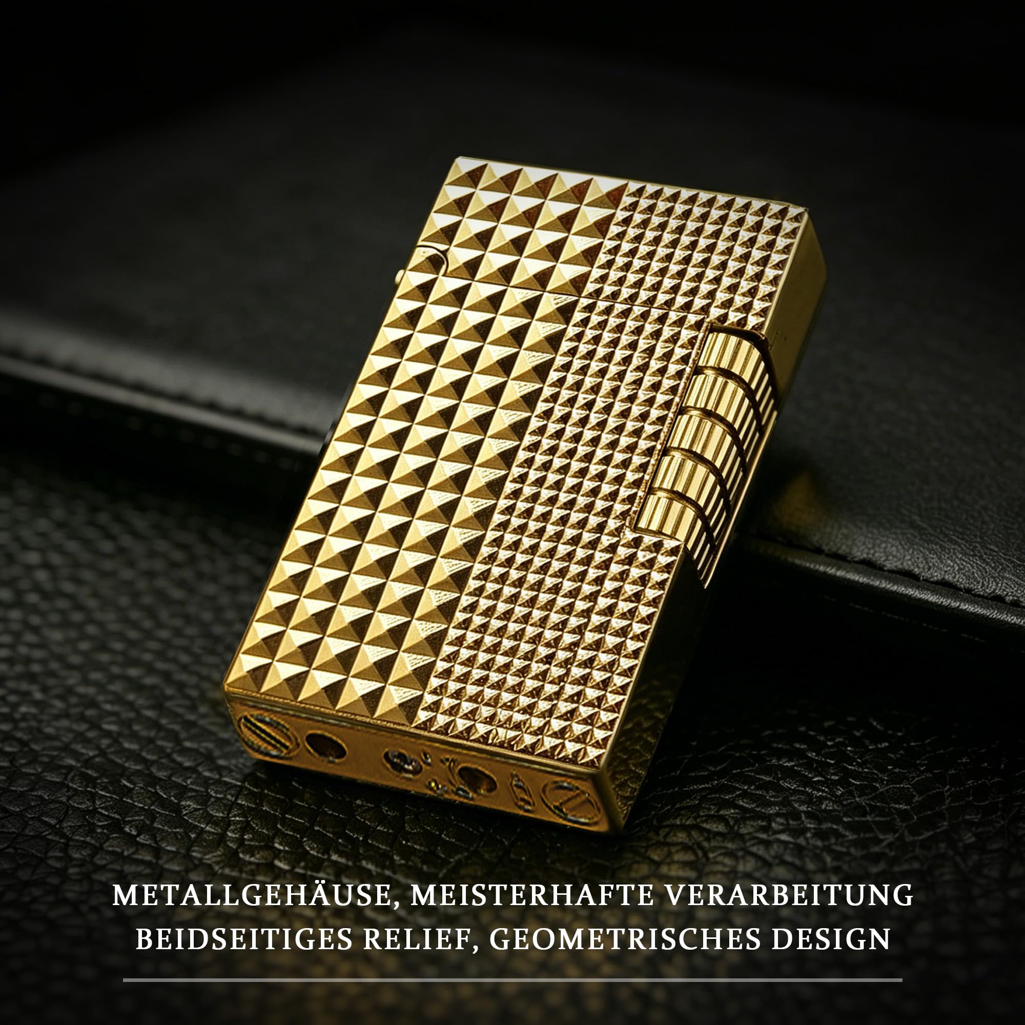 Feuerzeug, Nachfüllbarer Brennstoff, Einstellbare Flammengröße, Sturmfeuerzeug, Männer, Geschenk, Outdoor, Camping (Feuerzeug ohne Brennstoff (Goldener Rautenmuster)