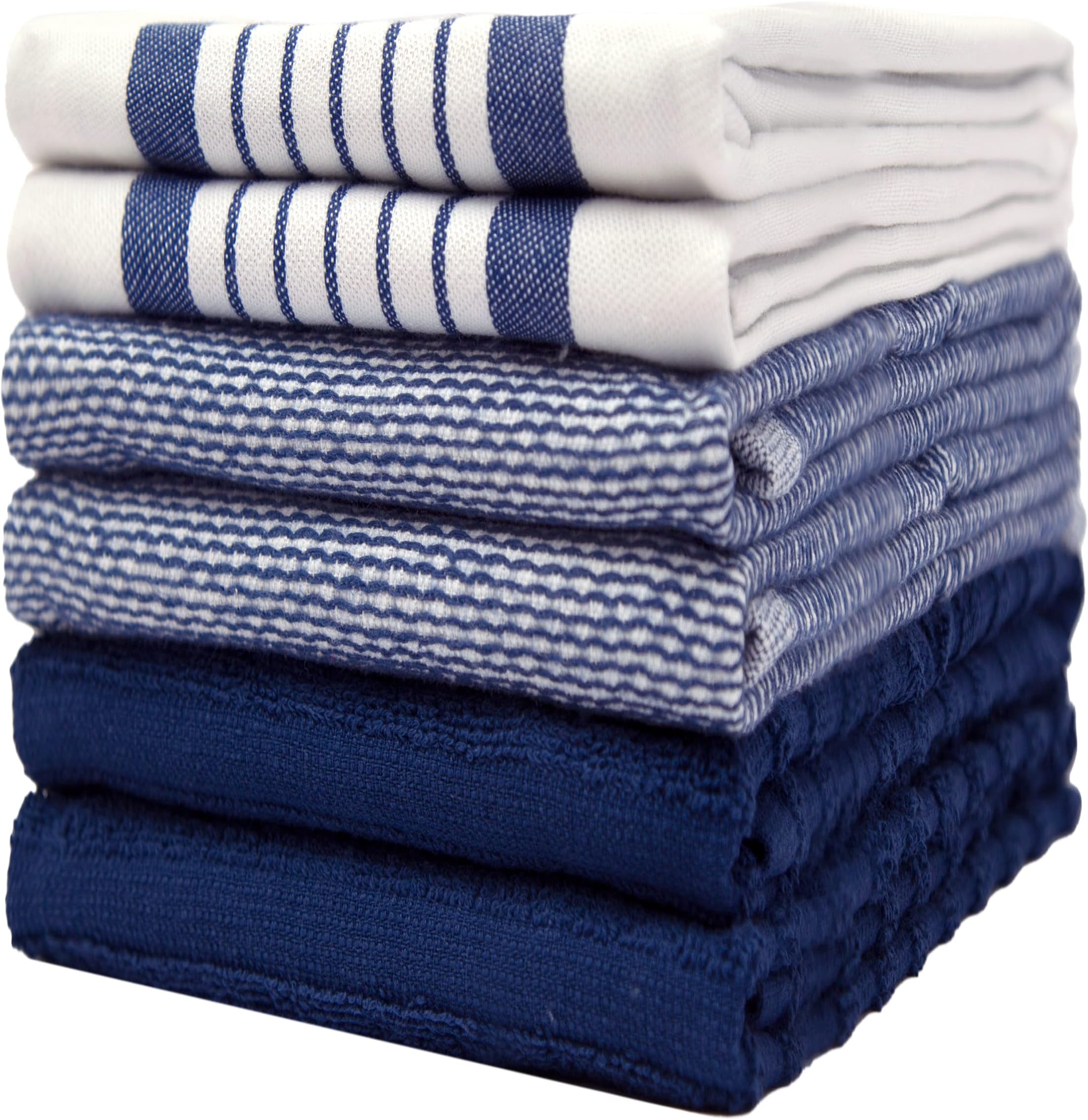Premium Kitchen Towels (20”x 28”, 6 Pack) | Large Cotton Dish Towels | Flat & Terry Highly Absorbent Kitchen Linen Set with Hanging Loop | Navy Blue Striped
