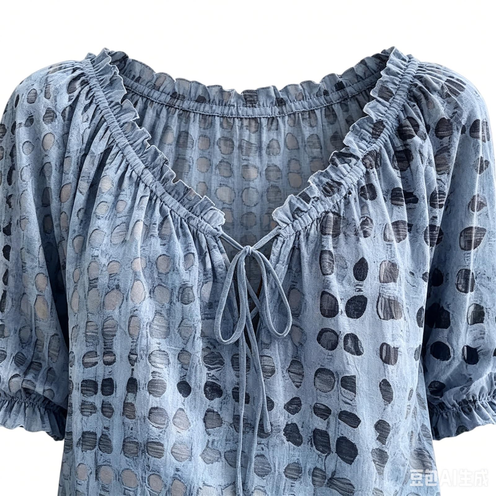 Damski top w kropki dekolt w serek rękawy 3/4 sznurowane geometryczne bluzki z nadrukiem lato falbany wykończenie luźne luźne luźne zwiewne eleganckie koszule
